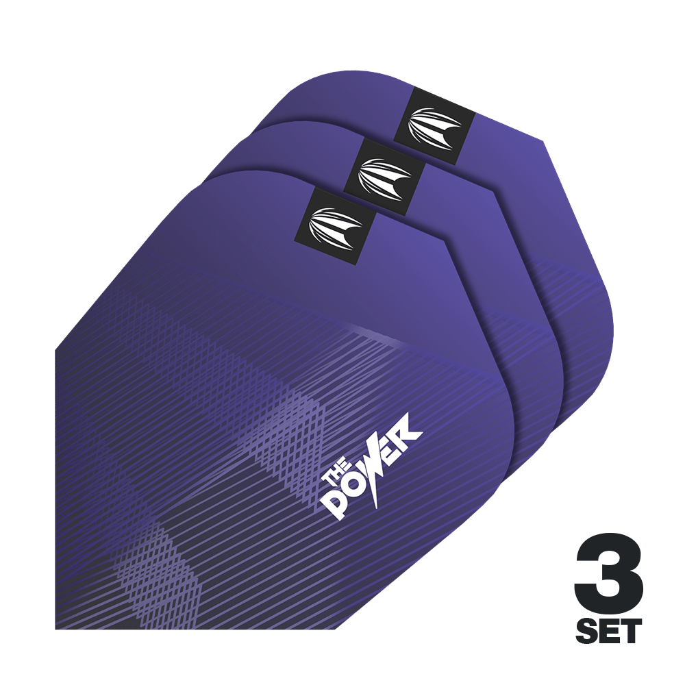 Target Pro Ultra Phil Taylor Power GEN10 Ten-X Flights - 3 Sets Das Bild zeigt drei Sätze lila Dart-Flights mit der Aufschrift "The Power". In der unteren rechten Ecke steht "3 Set".