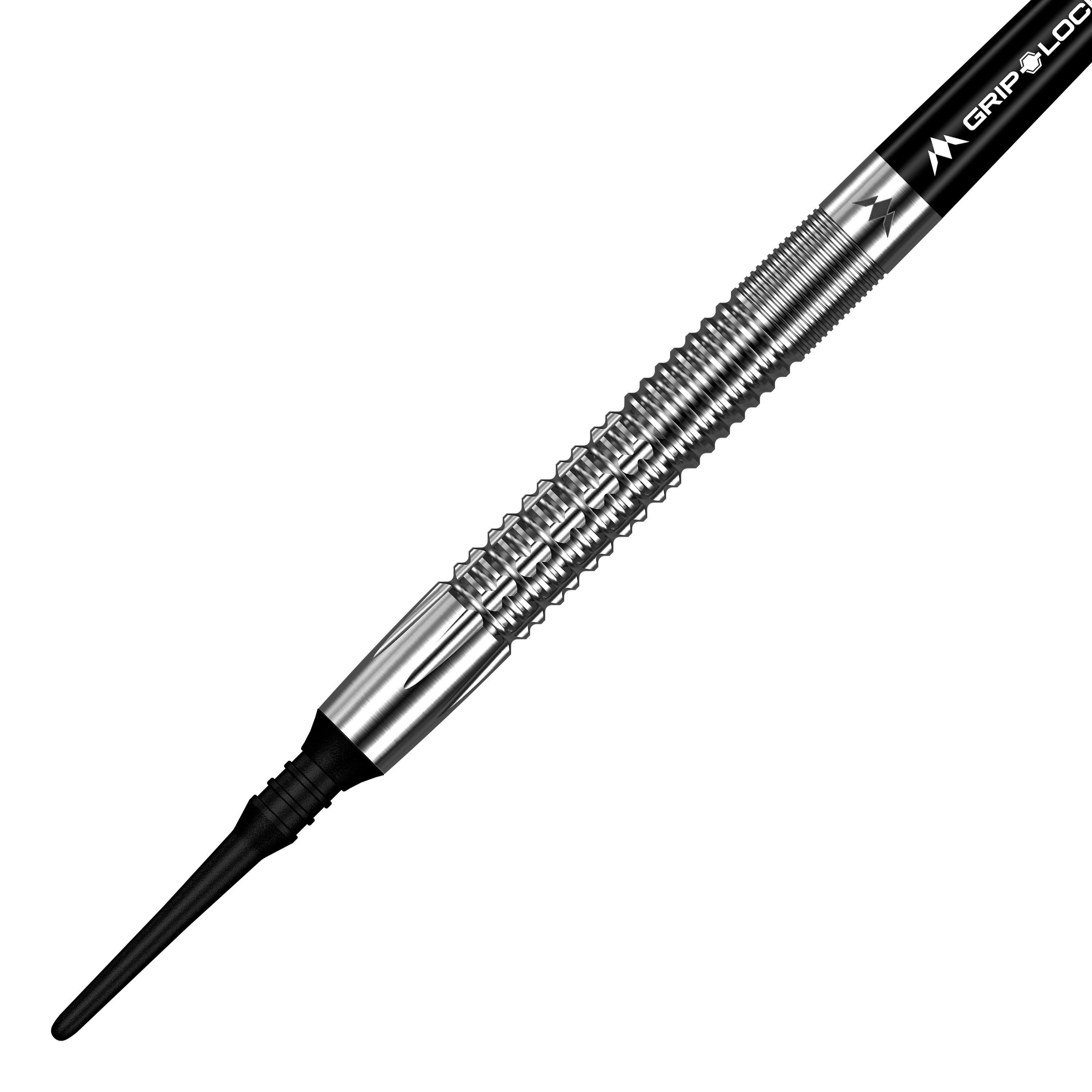 Hier ist ein Satz Mission Thomas Junghans Softdarts mit einem Gewicht von 20 Gramm abgebildet. Die Darts sind nebeneinander angeordnet und zeigen ihre feine Verarbeitung.