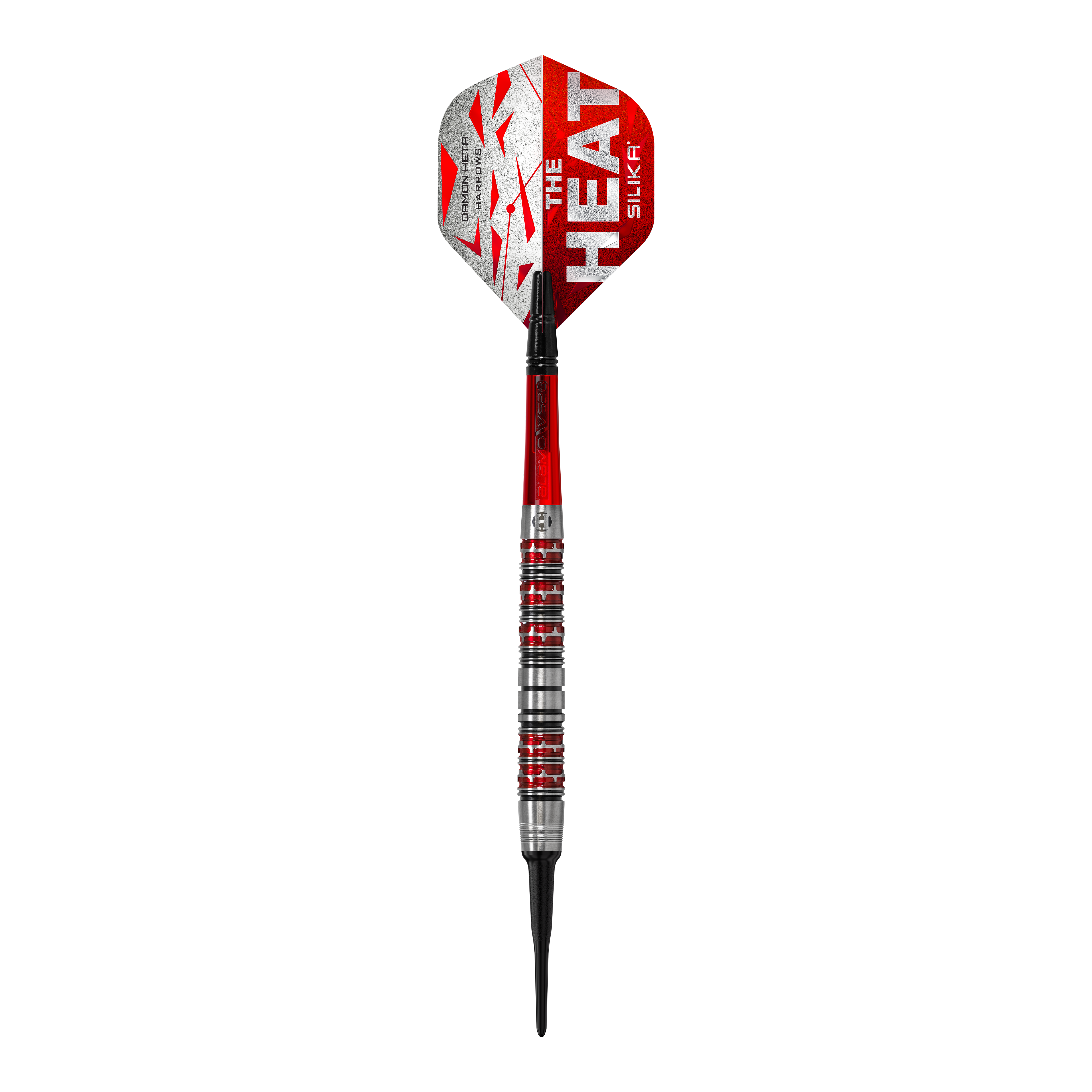 Harrow's Damon Heta Series 3 soft darts Das Bild zeigt einen Harrows Damon Heta Series 3 Softdart. Der Dart ist silber, rot und schwarz gestaltet und trägt den Aufdruck "The Heat" auf dem Flight.
