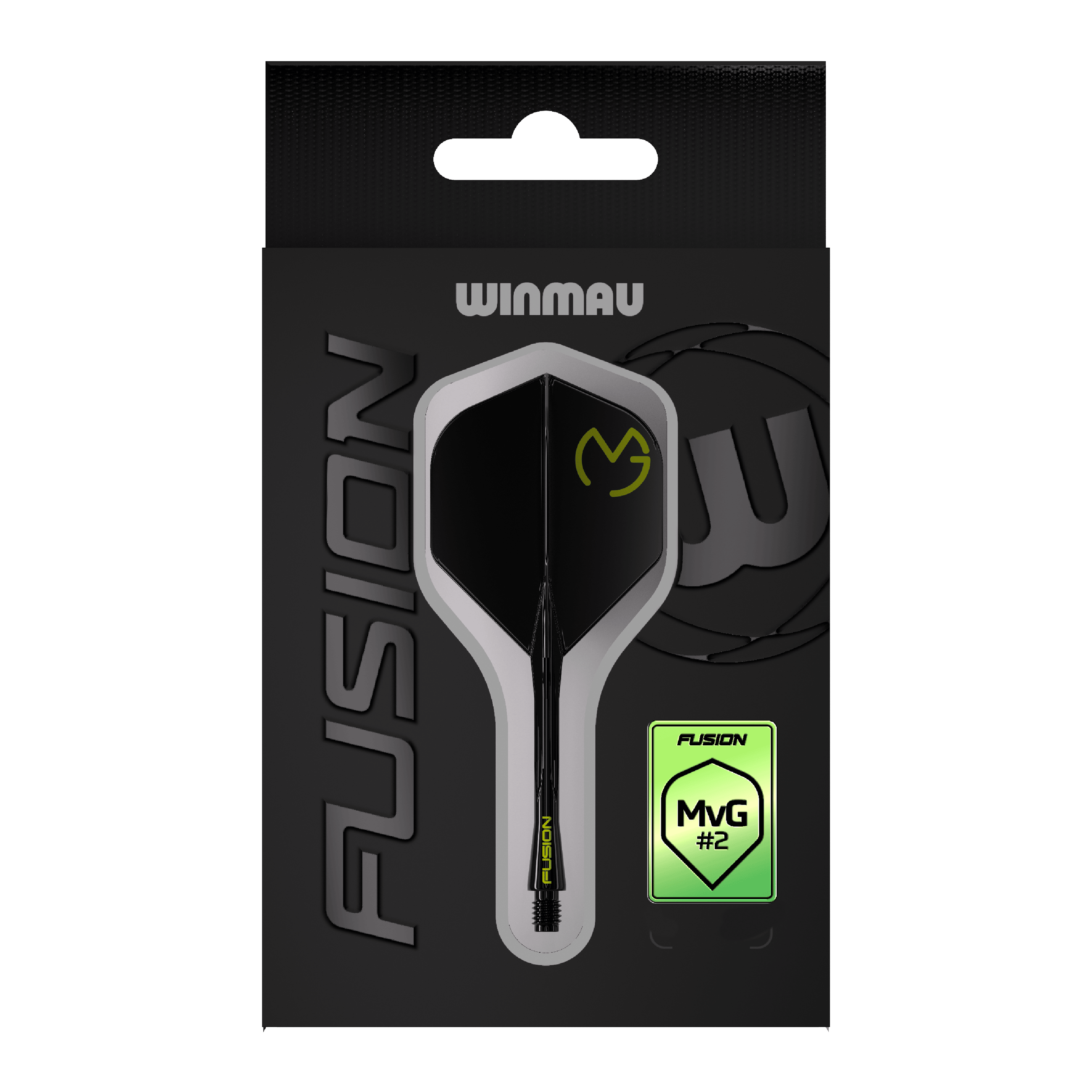 Winmau Fusion Flight Shaft System Michael Van Gerwen Pacman No2 Standard Das Bild zeigt die Verpackung des Winmau Fusion Flight-Shaft-Systems Michael Van Gerwen Pacman Nr. 2 Standard. Das Produkt ist schwarz mit gelben Akzenten gestaltet und trägt das MVG-Logo.