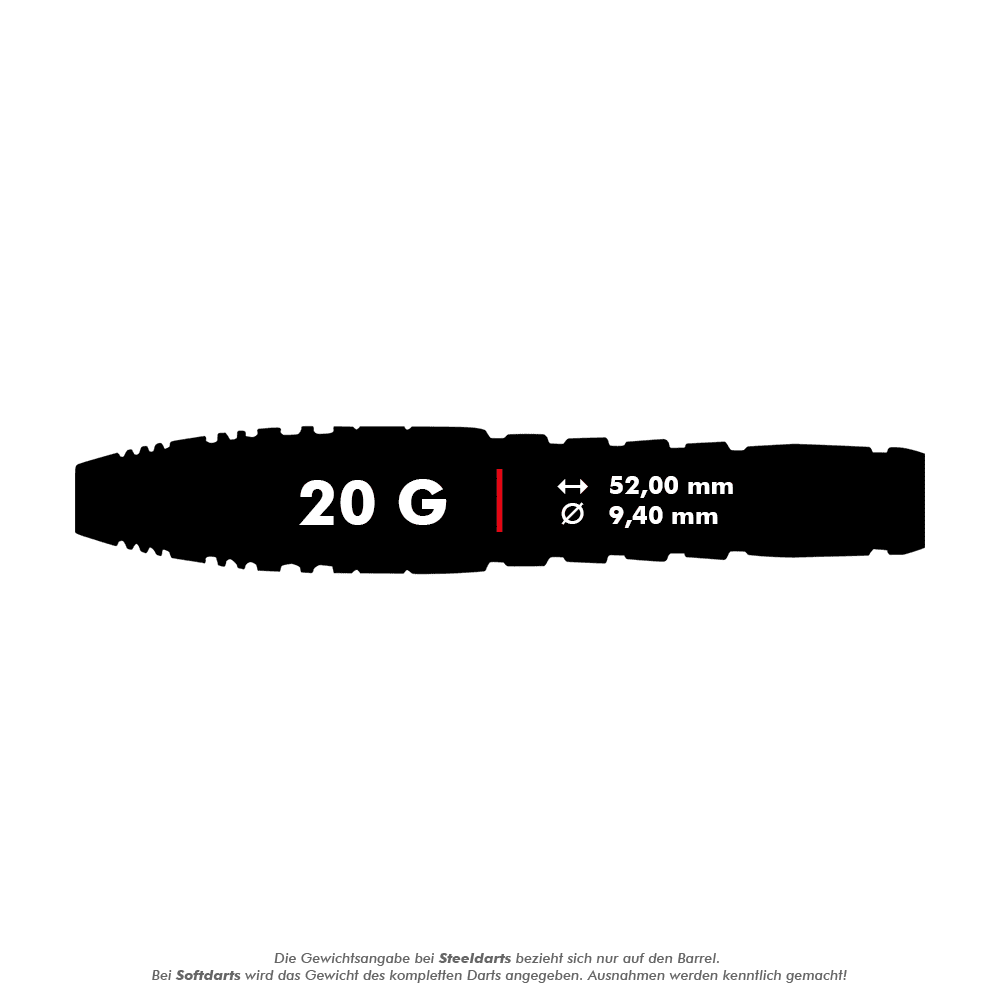 Das Bild zeigt die Produktinformationen zu "Unicorn Top Brass V4 Steeldarts - 20g". Die Darts wiegen 20 Gramm, sind 52,00 mm lang und haben einen Durchmesser von 9,40 mm.