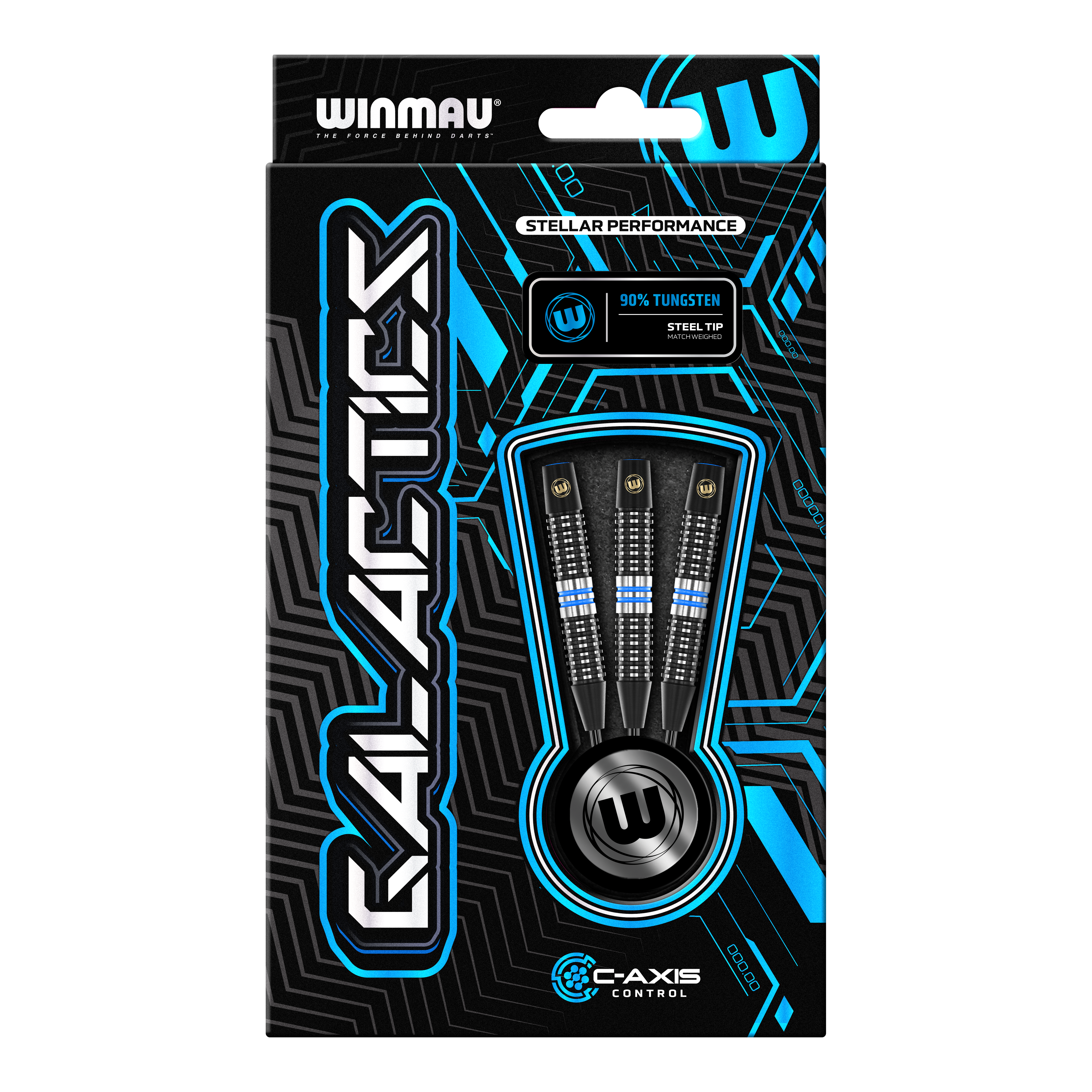 Winmau Galactics Steeldarts Das Bild zeigt die Verpackung der Winmau Galactics Steeldarts. In der Mitte sind drei Darts mit schwarzen und blauen Akzenten zu sehen.