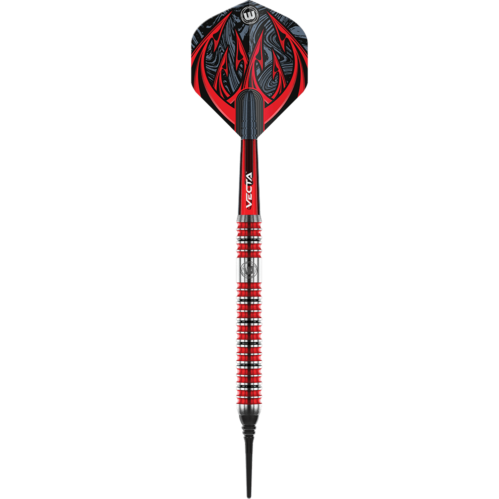 2463_Winmau_Diablo_Parallel_Softdarts_1 Das Bild zeigt einen Winmau Diablo Parallel Softdart mit einem Gewicht von 20 Gramm. Der Dart ist in den Farben Rot, Schwarz und Silber gehalten und hat ein auffälliges Flammen-Design am Flight.