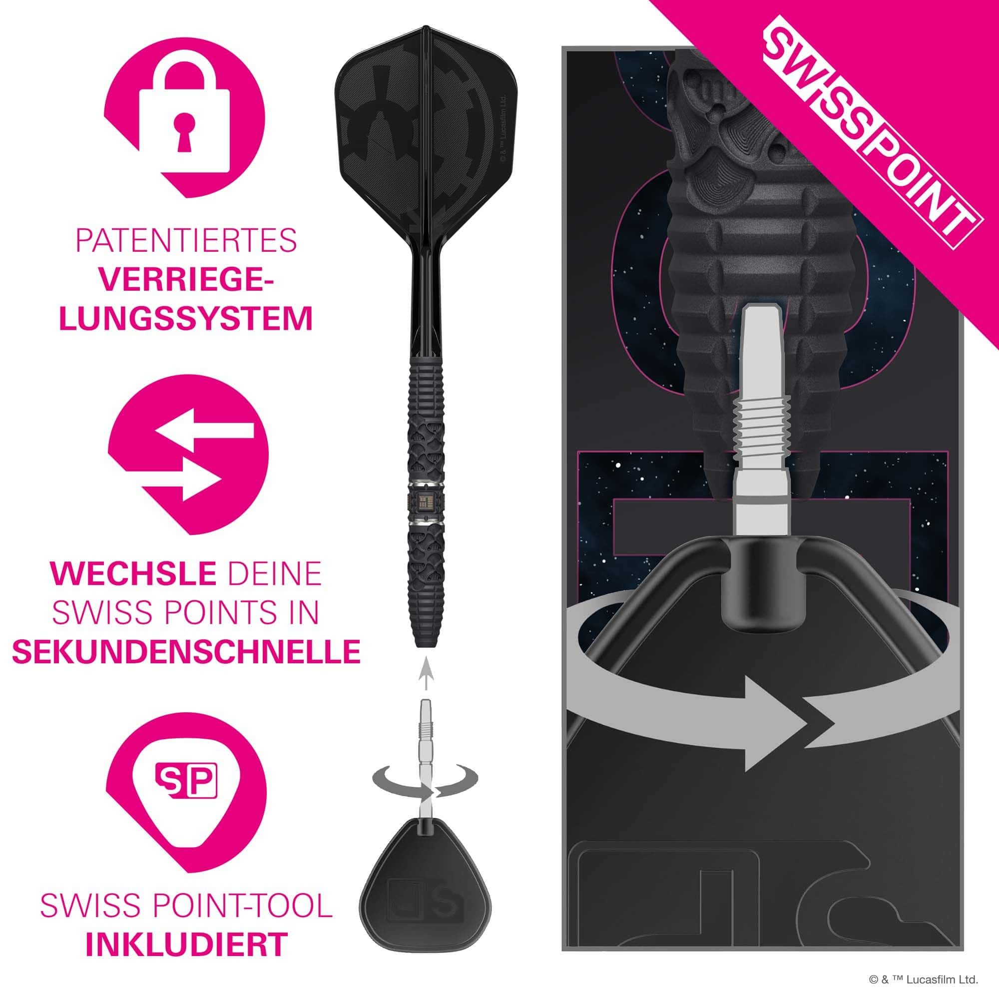 Target Star Wars Darth Vader 95 Swiss Point Steel Darts Dieses Bild zeigt die Target Star Wars Darth Vader 95 Swiss Point Steeldarts. Die Darts sind im Star Wars Design mit Darth Vader-Motiv gestaltet.