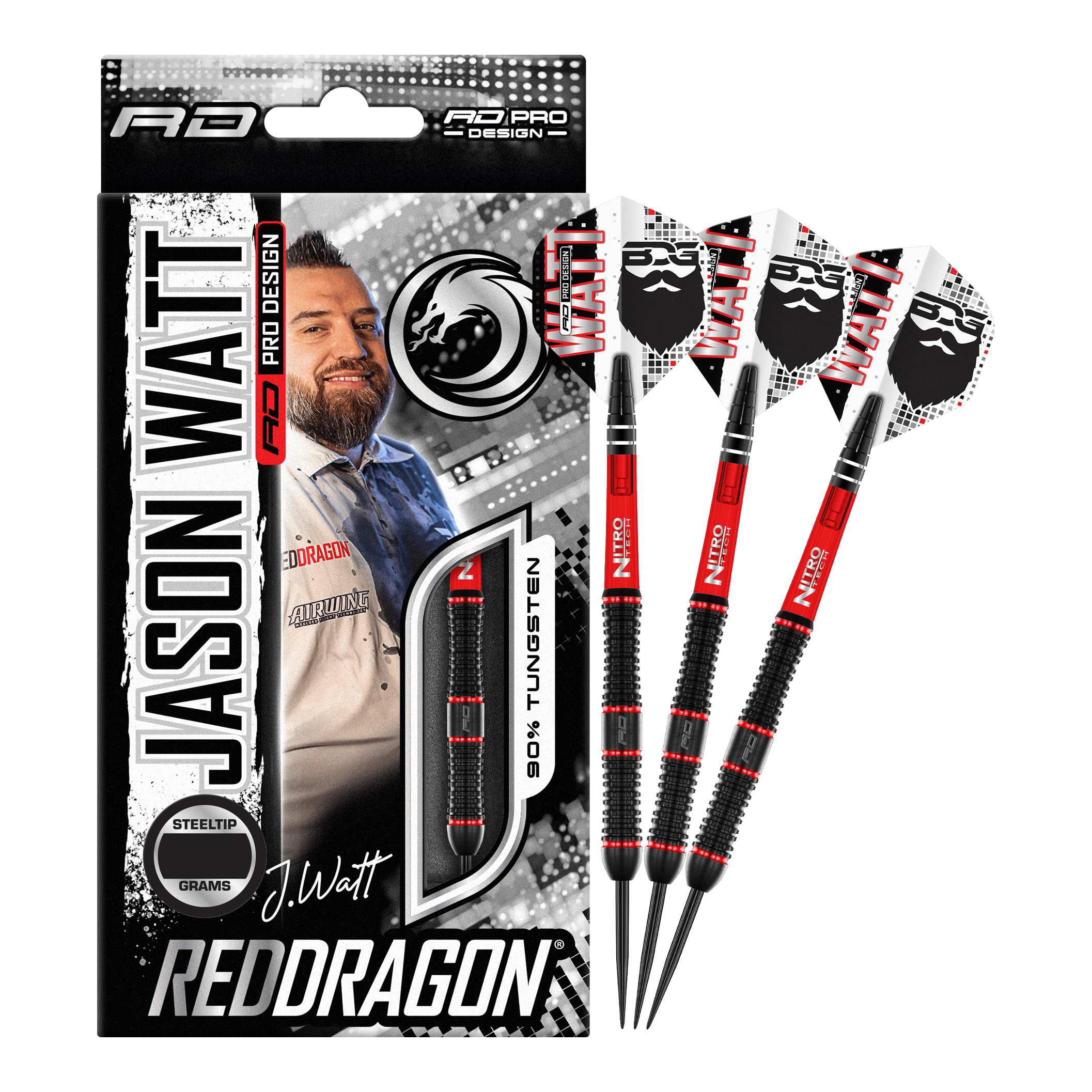 Red Dragon Jason Watt Steel Darts - 22g Das Bild zeigt das Produkt "Red Dragon Jason Watt Steeldarts - 22g" in seiner Verpackung. Rechts daneben sind drei Steeldarts mit schwarzem und rotem Design zu sehen.