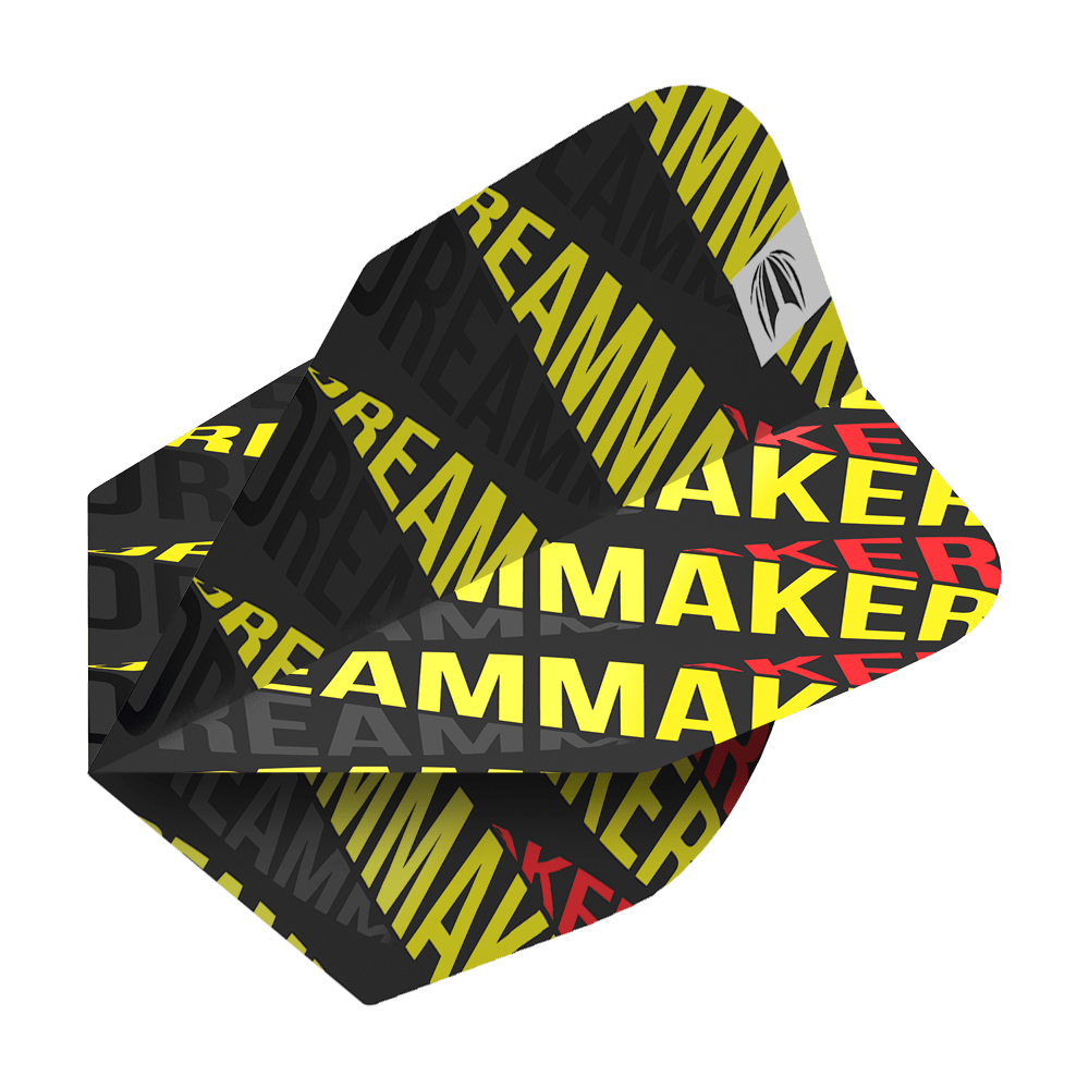 Das Bild zeigt die Dart-Flights "Target Pro Ultri Dimitri Van Den Bergh 80 No6". Die Flights sind schwarz mit gelbem und rotem Schriftzug "DREAMMAKER" bedruckt.