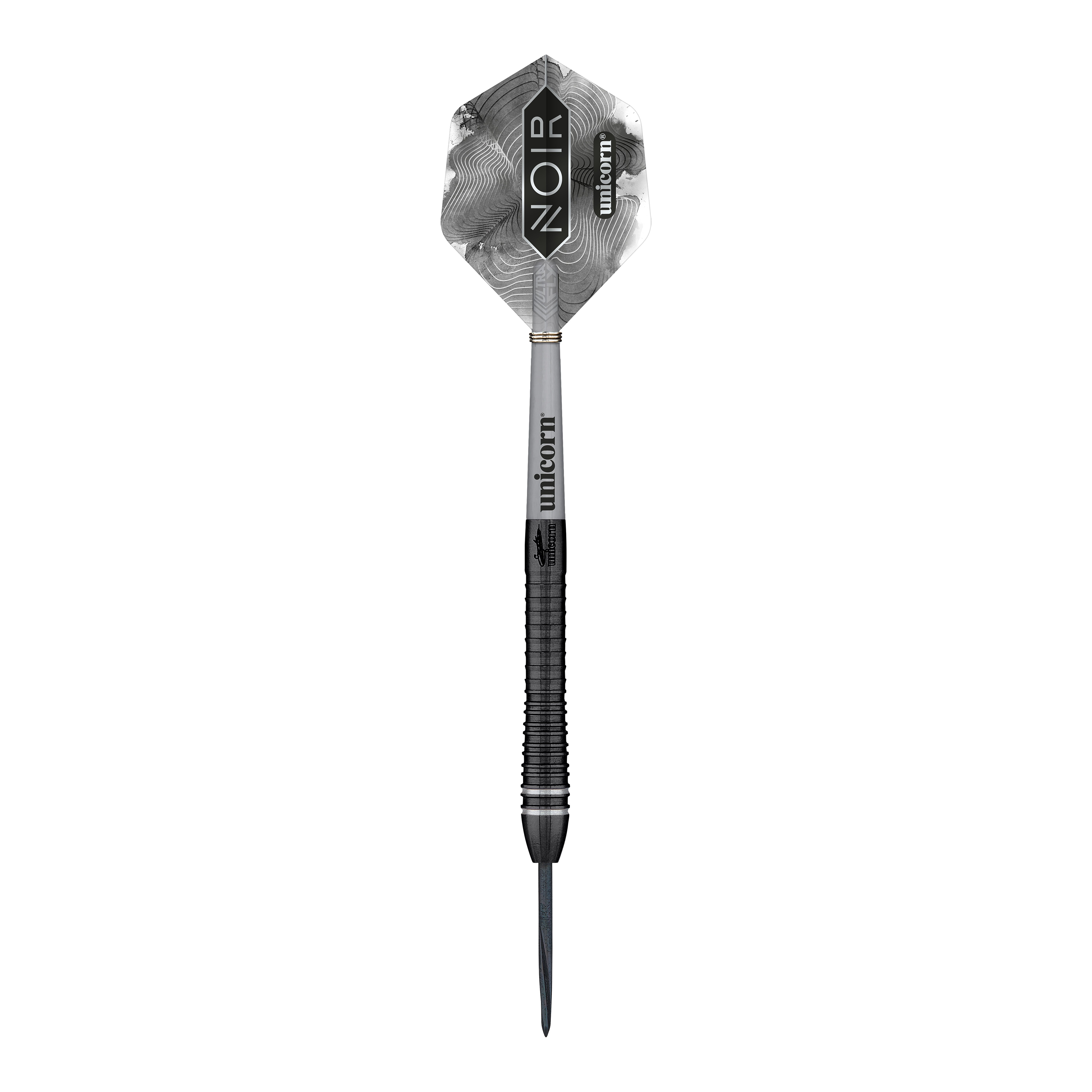 Unicorn World Champion Gary Anderson Noir Phase 6 Steeldarts Das Bild zeigt einen Steeldart der Marke Unicorn, Modell "World Champion Gary Anderson Noir Phase 6". Der Dart ist überwiegend schwarz und silber und trägt die Aufschrift "NOIR" auf dem Flight.