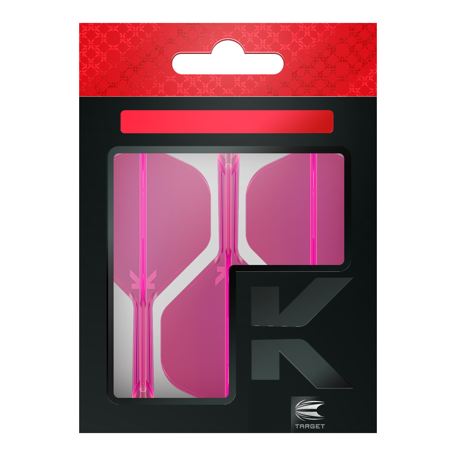Target K-Flex No2 Standard Flight System - Neon Pink Das Bild zeigt eine Packung mit pinkfarbenen Dart-Flights der Marke Target. Die Verpackung ist überwiegend schwarz mit einem roten oberen Abschnitt.