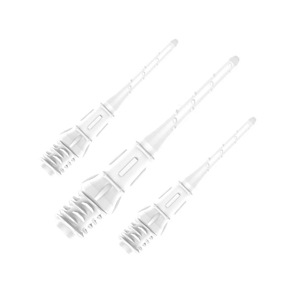 Premium Lippoints (30 Pack) - Tips Auf dem Bild sind drei weiße Dartspitzen zu sehen, die in einer Verpackung angeordnet sind. Die Spitzen wirken hochwertig und sind gleichmäßig ausgerichtet.