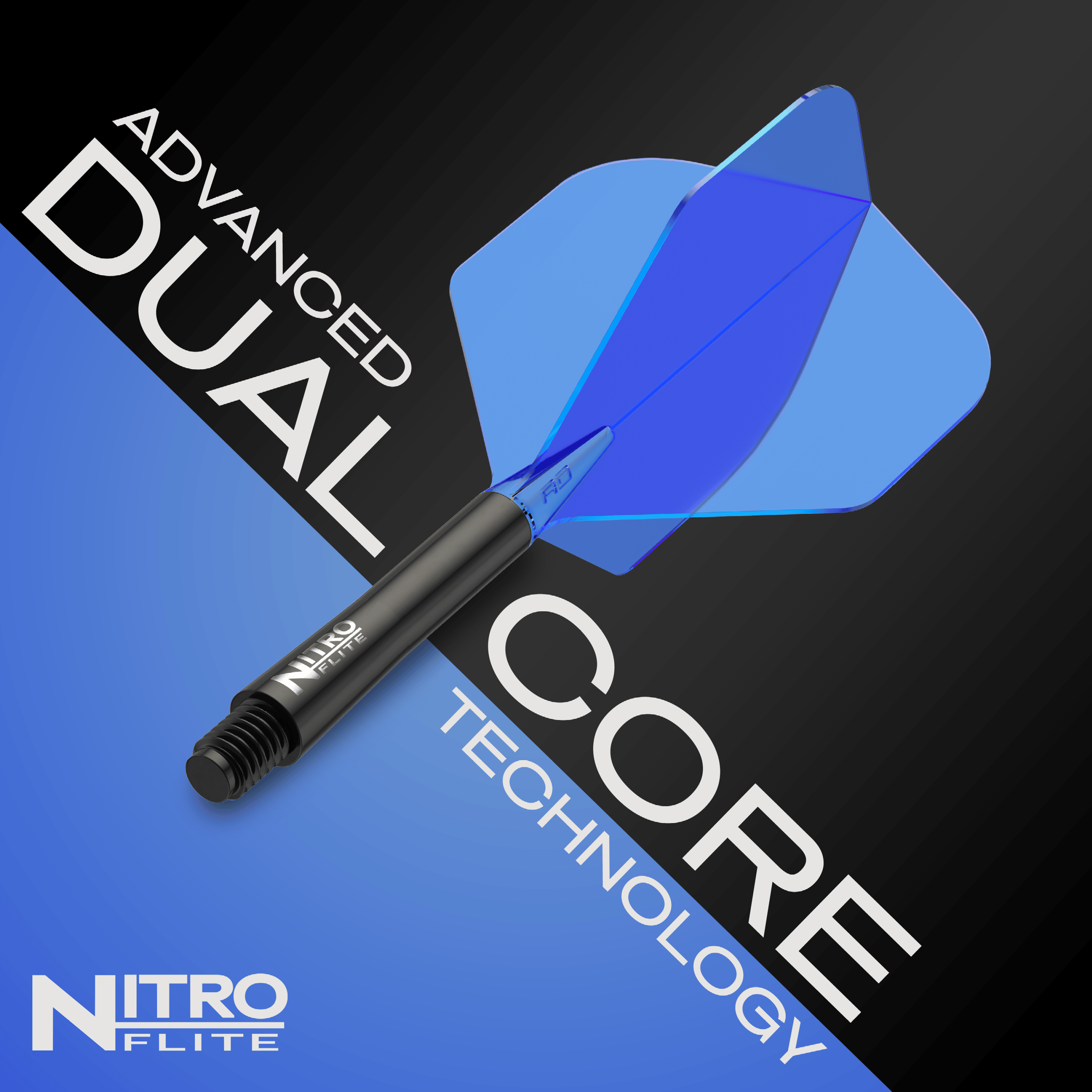 Red Dragon Nitroflite - Black Shaft Blue No2 Flights Das Bild zeigt ein Dart mit einem schwarzen Schaft und blauen Flights der Marke Nitroflite. Es hebt die fortschrittliche „Dual Core“-Technologie hervor.