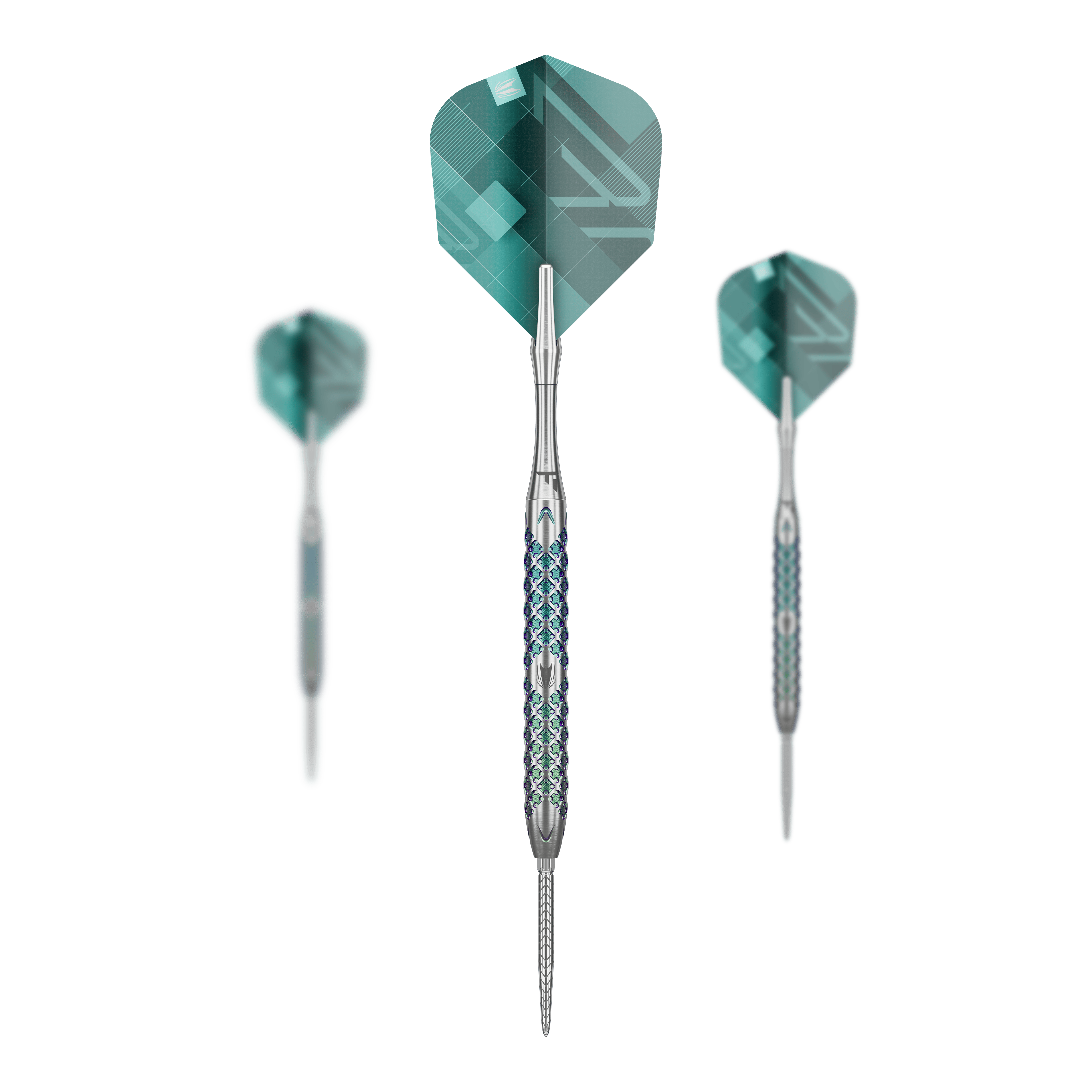Target Rove 01 Swiss Point steel darts Das Bild zeigt drei Steeldarts des Modells "Target Rove 01 Swiss Point". Die Darts haben silberne Spitzen und einen gemusterten, blauen und silbernen Griff sowie grünliche Flights.
