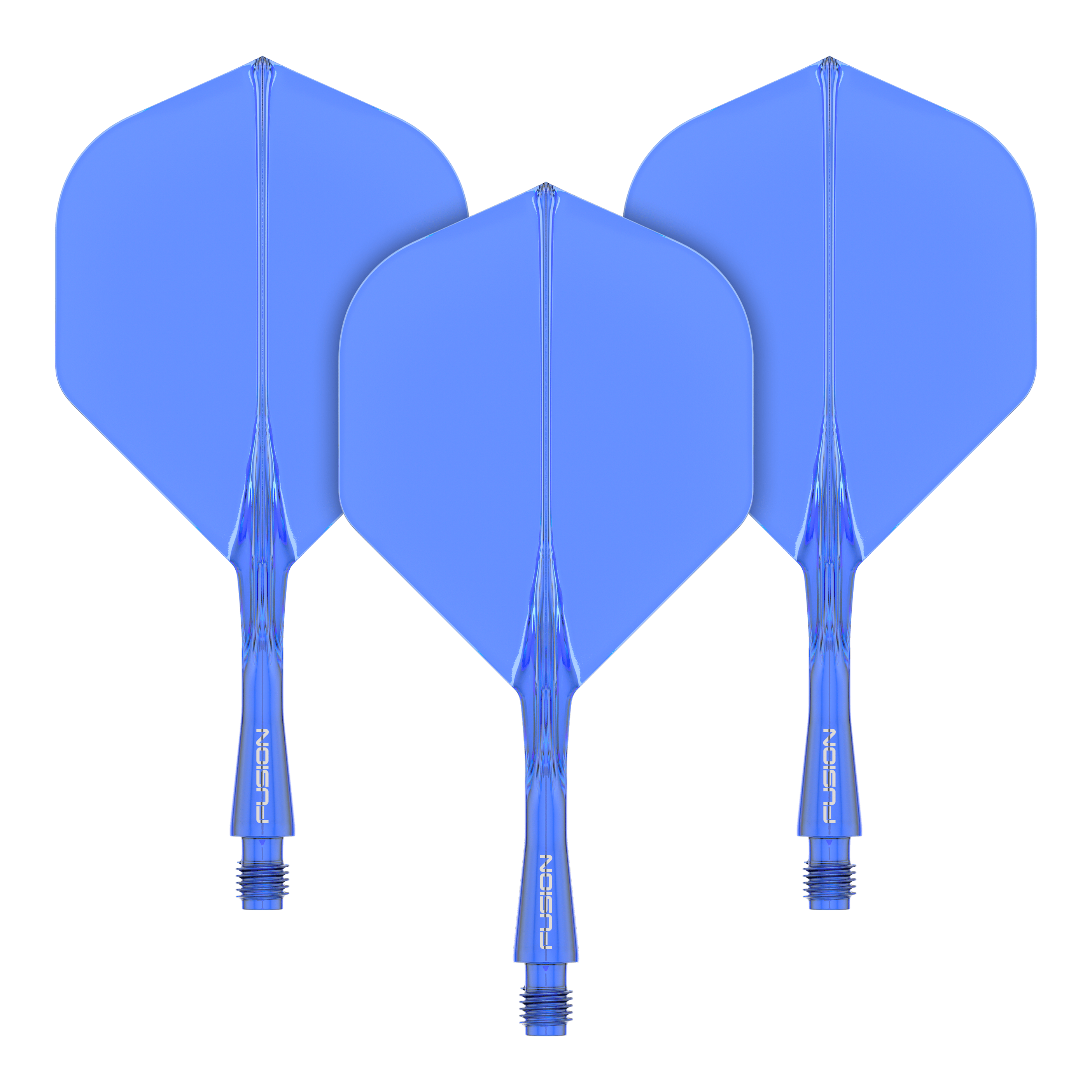Winmau Fusion Flight Shaft System Standard Blue Das Bild zeigt drei blaue Dart-Flights mit Schäften des Winmau Fusion Flight Shaft Systems. Sie sind in einer Reihe angeordnet und jeder Schaft ist 22 mm lang.