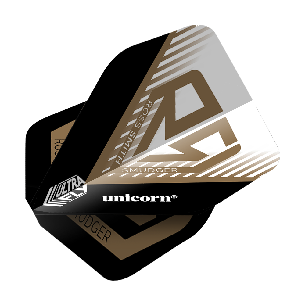Unicorn Ultrafly 100 Ross Smith Smudger AR1 Flights Das Bild zeigt die Dartflights "Unicorn Ultrafly 100 Ross Smith Smudger AR1". Die Flights sind schwarz, weiß und gold gestaltet und tragen den Namen des Spielers sowie das Unicorn-Logo.