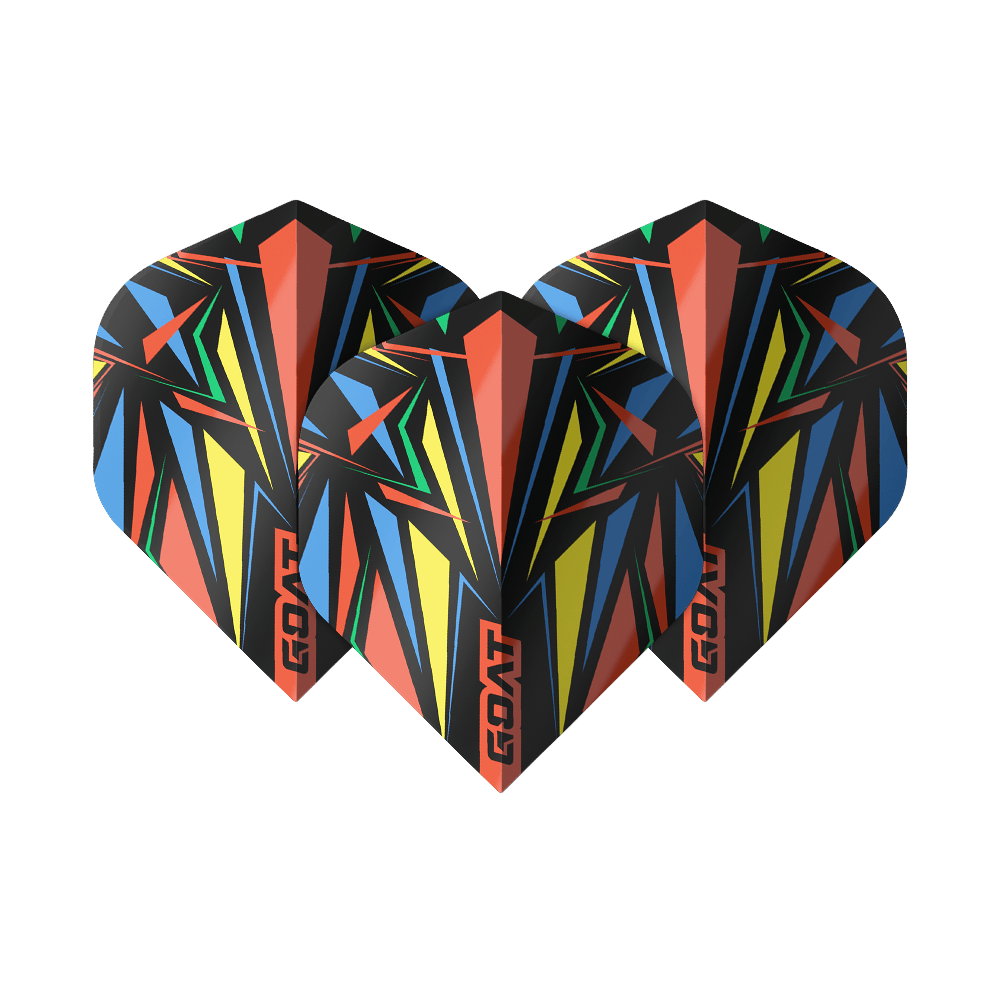 Das Bild zeigt drei bunte Dart-Flights mit einem auffälligen, geometrischen Muster in Rot, Gelb, Blau, Grün und Schwarz. Auf jedem Flight steht das Wort "GOAT" in roten Buchstaben.