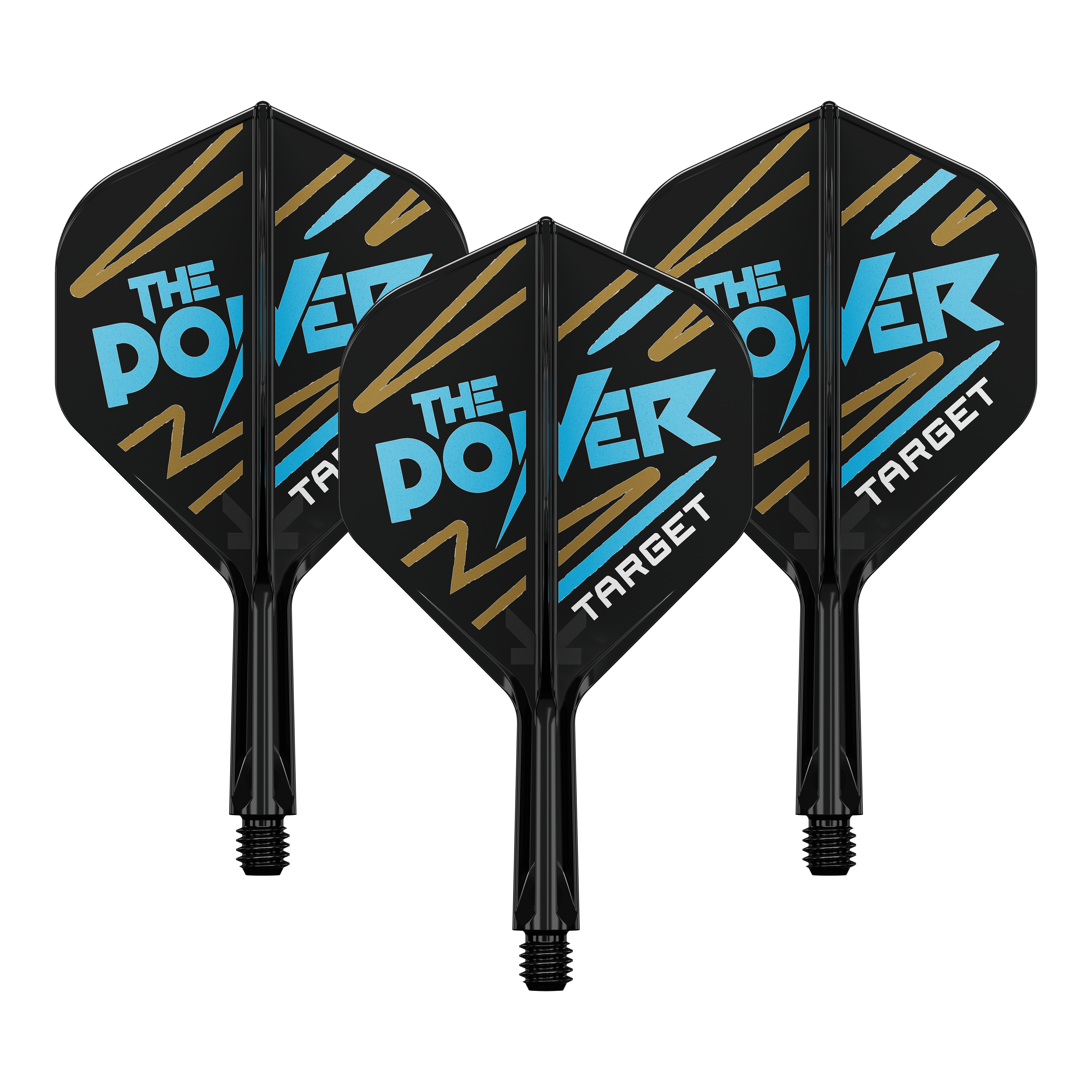 Target K-Flex Phil Taylor No2 Standard Flight Shaft System Auf dem Bild sind drei Dartflights mit schwarzem Hintergrund zu sehen. Auf den Flights steht in blauer und weißer Schrift "THE POWER" und unten "TARGET".