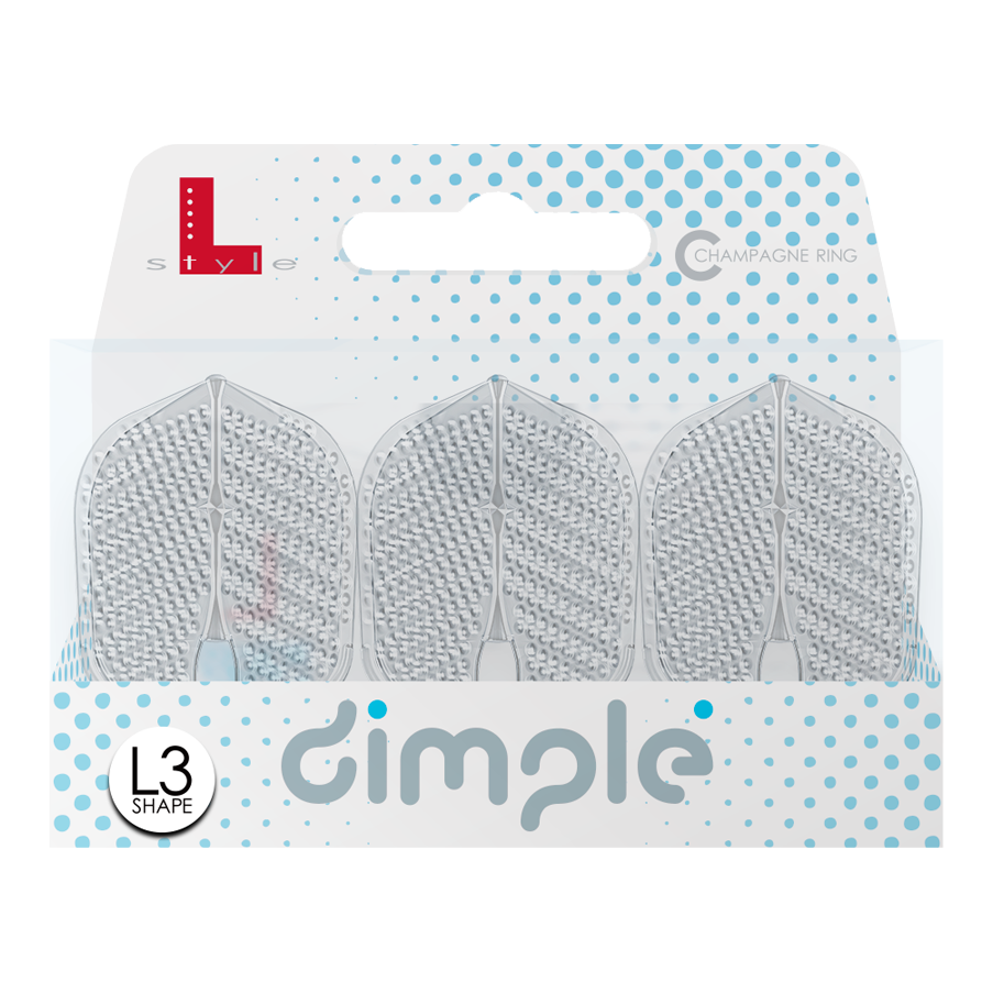 L-Style Flights Dimple Champagne L3PRO Shape Das Bild zeigt eine Verpackung mit drei L-Style Flights Dimple im L3PRO Shape. Die Verpackung ist weiß mit blauen Punkten und trägt den Schriftzug "dimple".