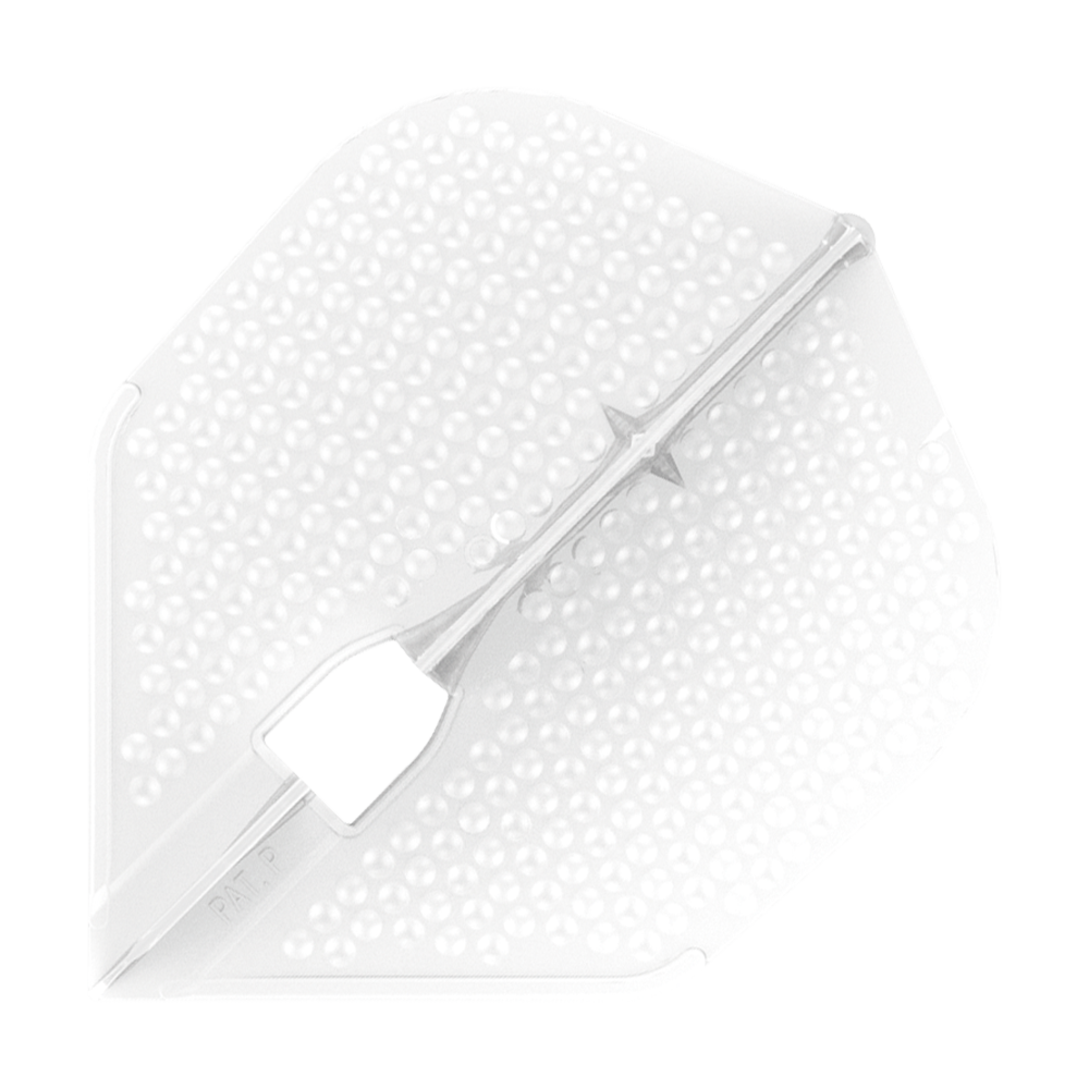 Das Bild zeigt ein weißes Dartflight mit einer dimpled, also genoppten Oberfläche. Es handelt sich um das Produkt "L-Style Flights Dimple Champagne L3PRO Shape".