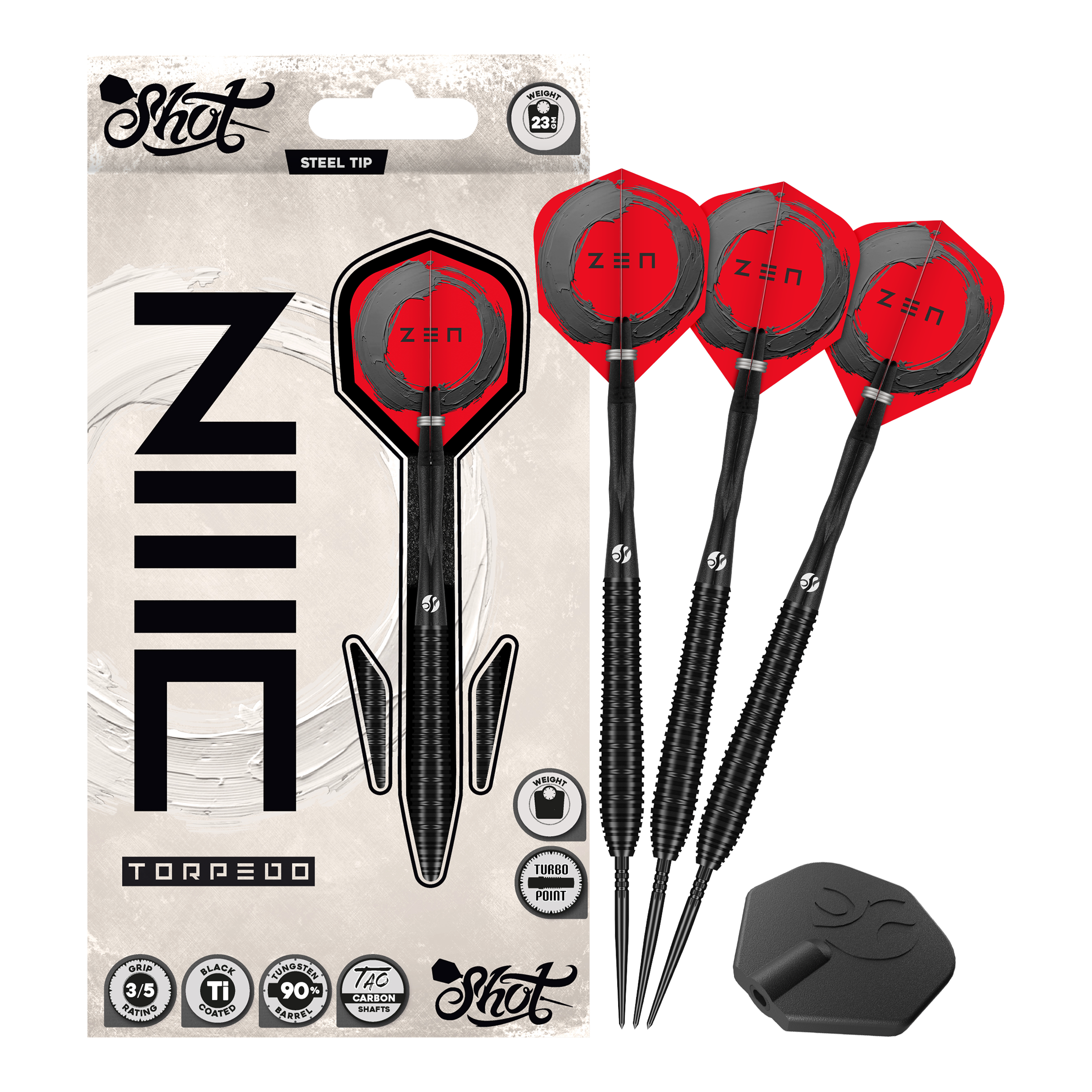 Shot ZEN Torpedo Turbo Point Steel Darts - 23g Auf diesem Bild sieht man die Shot ZEN Torpedo Turbo Point Steeldarts mit 23g komplett. Das Design betont ihre hochwertige Verarbeitung.