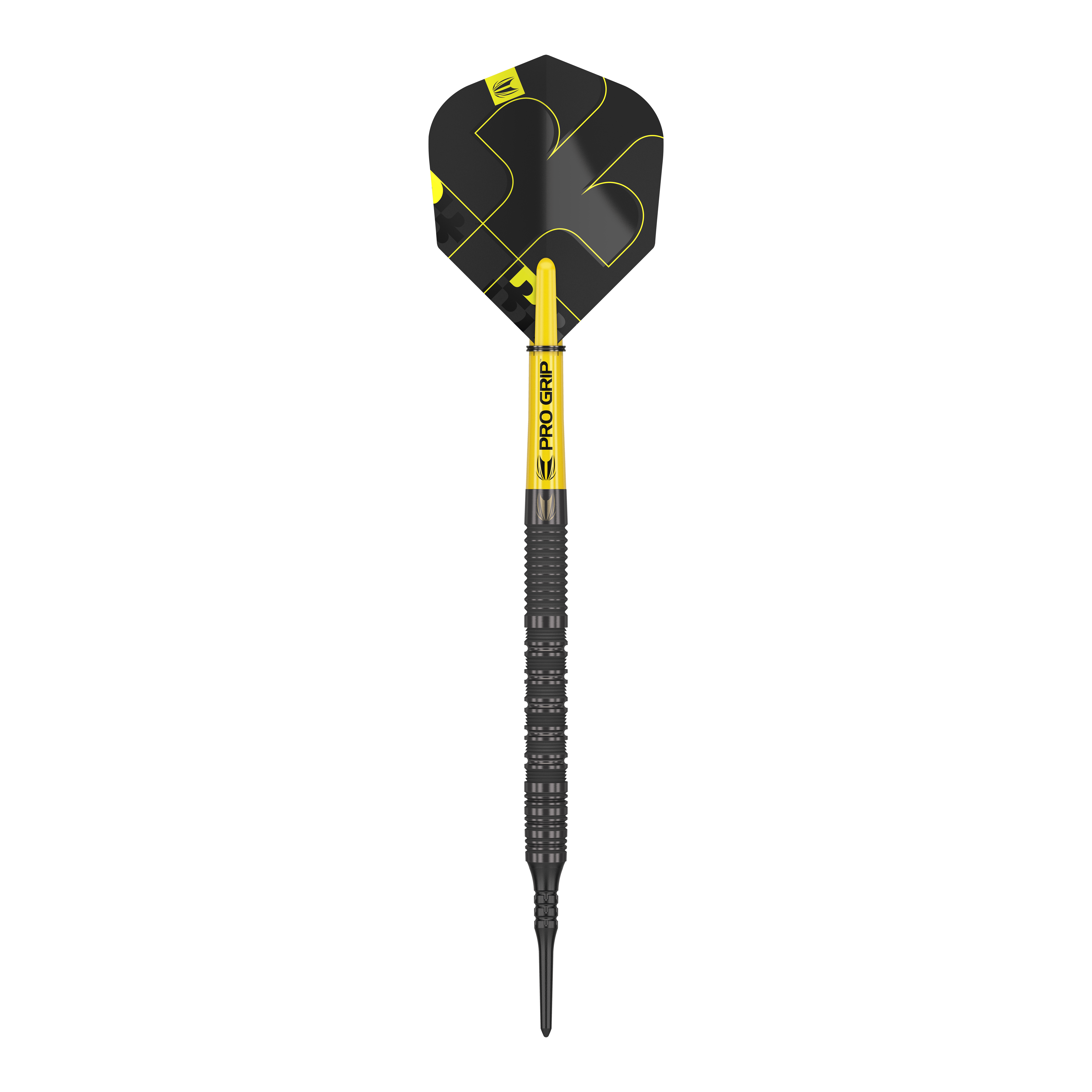Target Bolide Void 10 soft darts Das Bild zeigt einen Target Bolide Void 10 Softdartpfeil. Der Pfeil ist schwarz mit gelben Akzenten und hat einen Pro Grip Schaft.