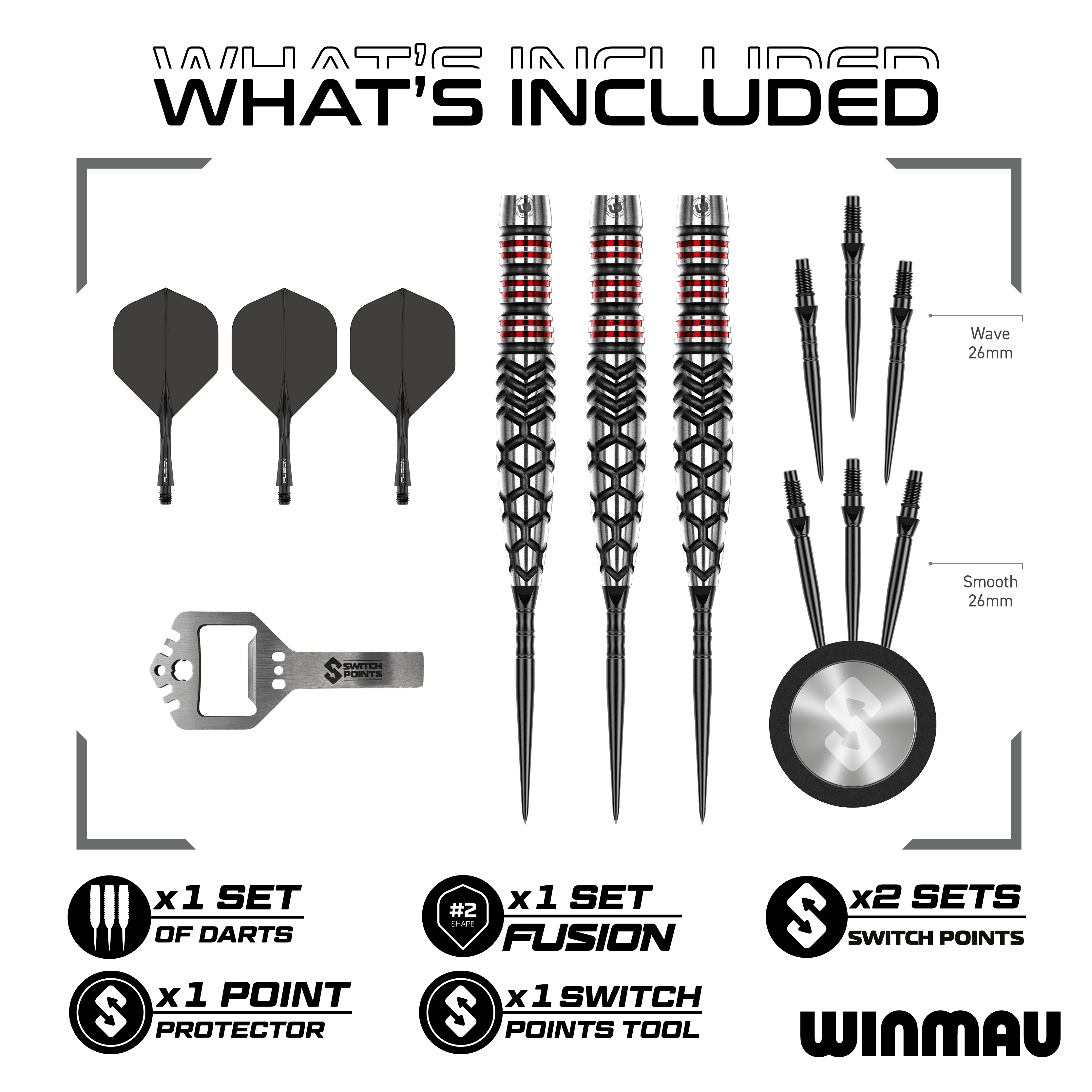 Abgebildet sind die Winmau Fornax Torpedo Switch Points Steeldarts. Sie zeichnen sich durch ihr innovatives Design und hochwertige Verarbeitung aus.