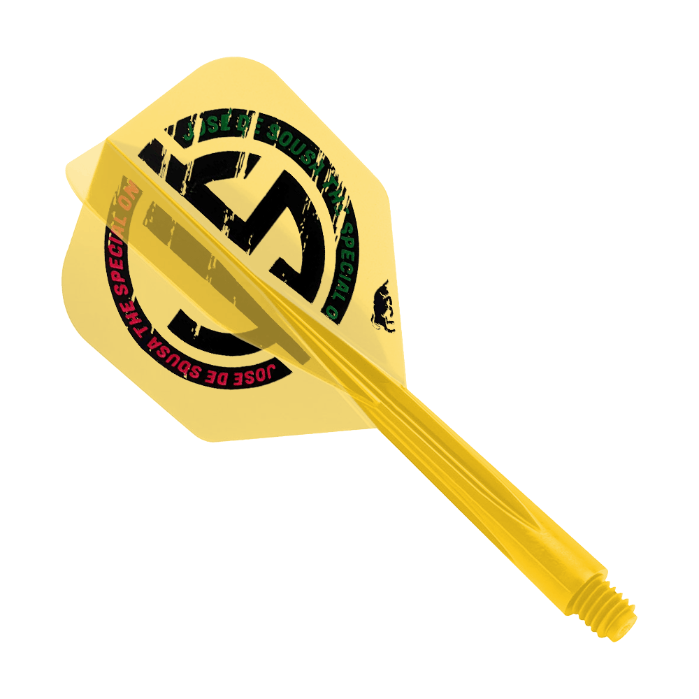 Condor AX Jose De Souza Special One Inspiration Flight System - Yellow - Small Das Bild zeigt ein gelbes Dart-Flight-System mit der Aufschrift "Jose De Sousa Special One". Das Produkt trägt den Namen "Condor AXE Jose De Souza Special One Inspiration Flight-System - Gelb - Small".