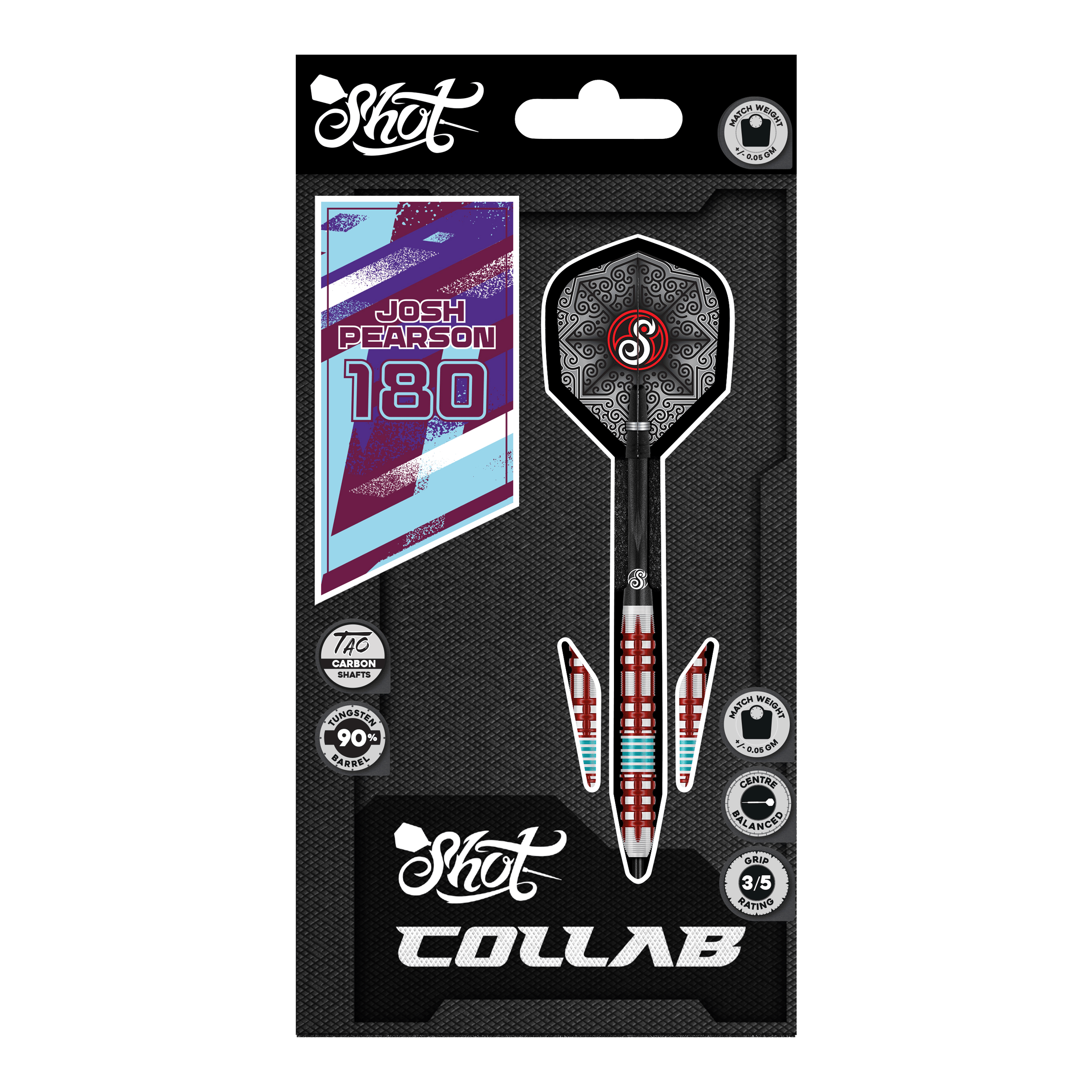 Auf dem Foto sind die Shot Collab Pro Series Josh Pearson Steeldarts - 23g zu sehen. Sie eignen sich ideal für professionelle Dartspieler.