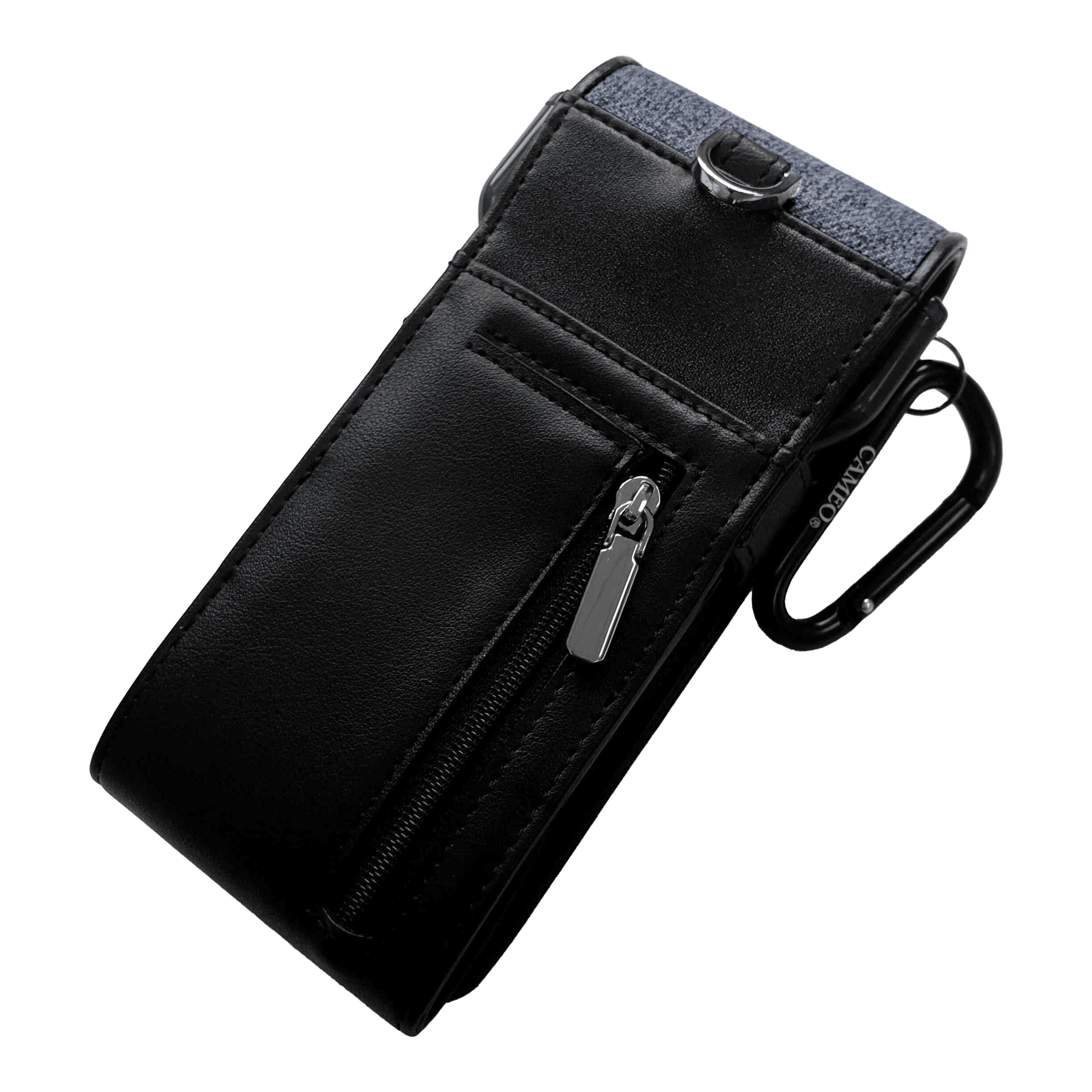 Cameo Thread Dart Case Dies ist ein schwarzes Etui mit einem Reißverschlussfach auf der Vorderseite. Oben hat es einen blauen Stoffabschnitt und einen Metallclip zur Befestigung.