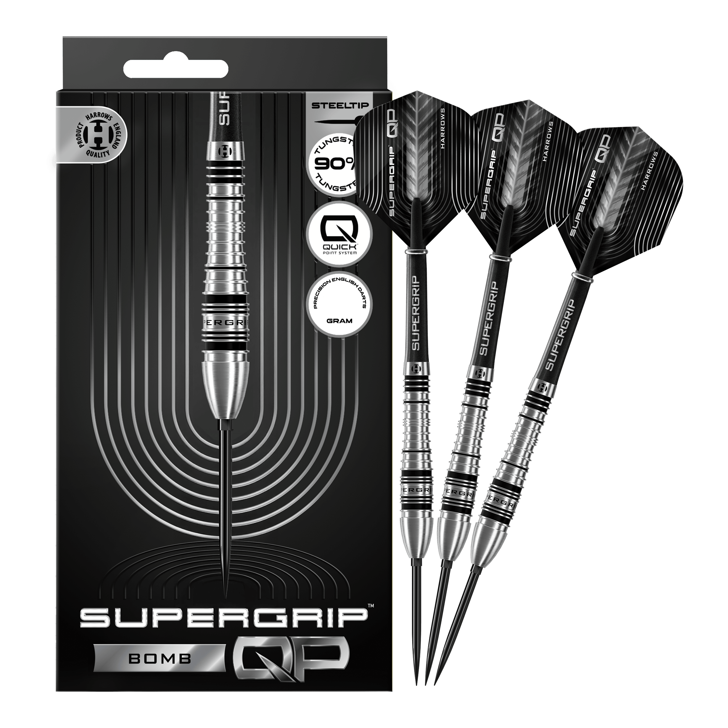 Abgebildet sind die Harrows Supergrip Bomb Quick Point Steeldarts in voller Länge. Sie eignen sich ideal für ambitionierte Dartspieler.