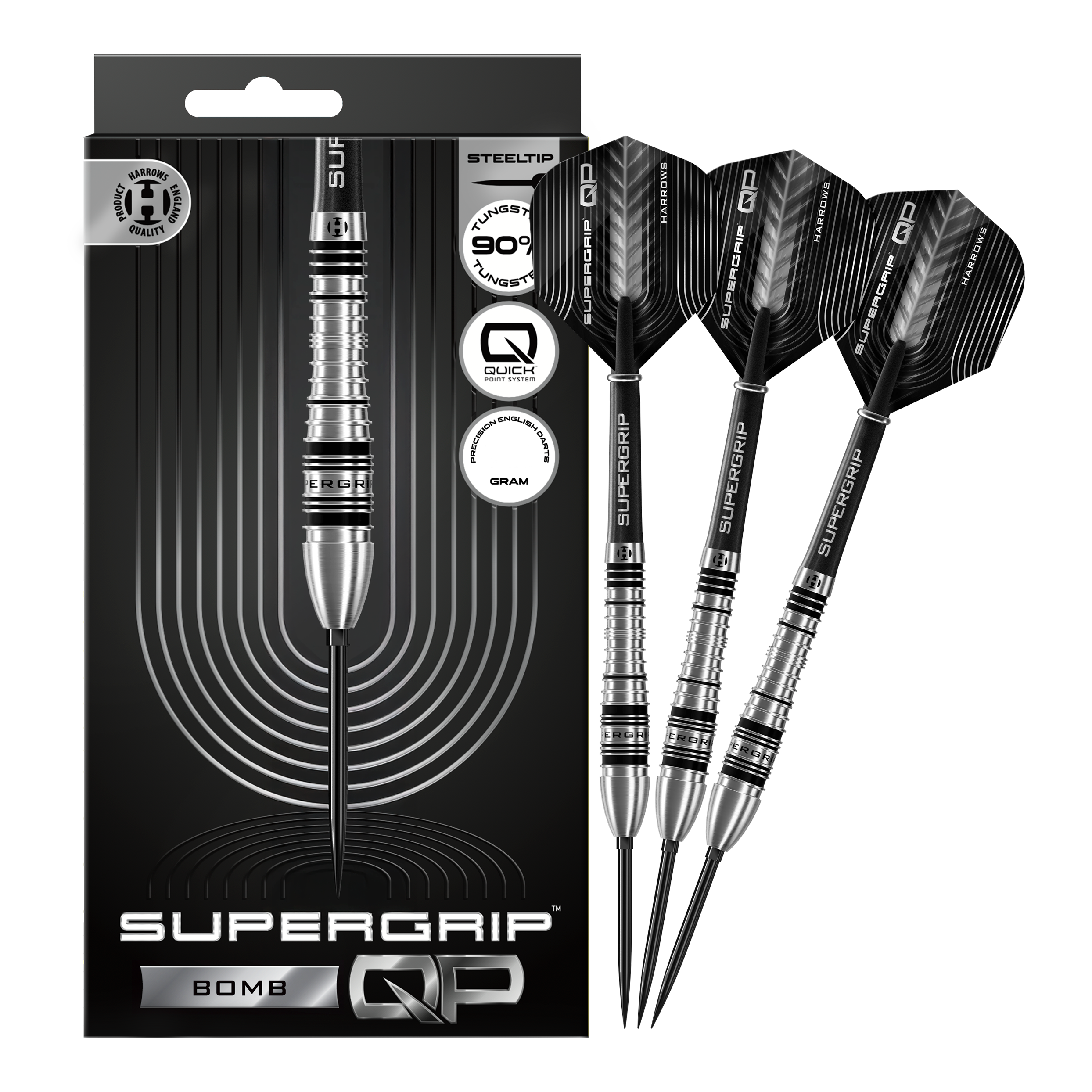Harrows Supergrip Bomb Quick Point Steel Darts Abgebildet sind die Harrows Supergrip Bomb Quick Point Steeldarts in voller Länge. Sie eignen sich ideal für ambitionierte Dartspieler.
