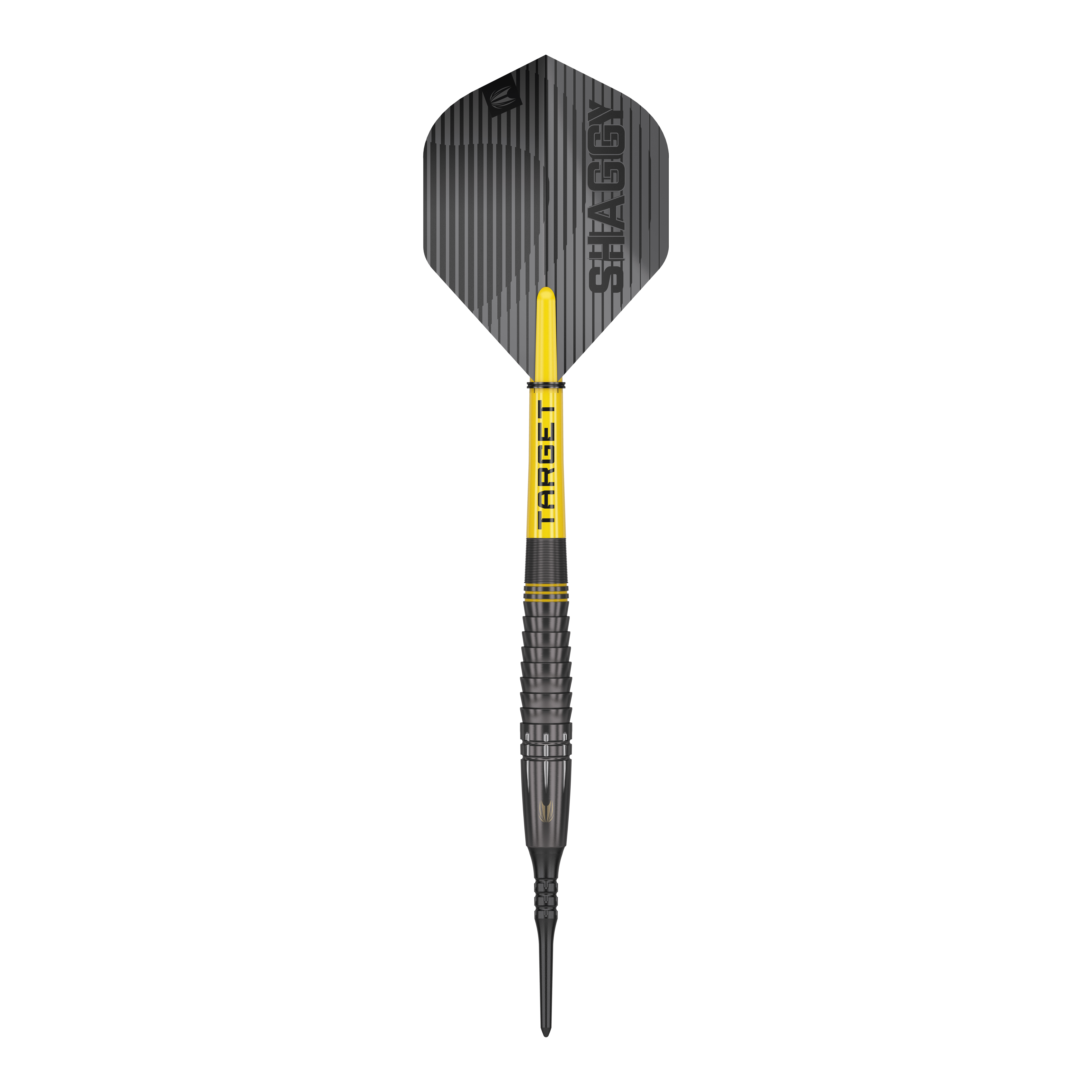 Target Scott Williams Shaggy Black Soft Darts - 20g Dies ist ein Softdart namens "Target Scott Williams Shaggy Black Softdarts - 20g". Der Dart ist überwiegend schwarz mit gelben Akzenten und hat den Schriftzug "SHAGGY" auf der Flight.