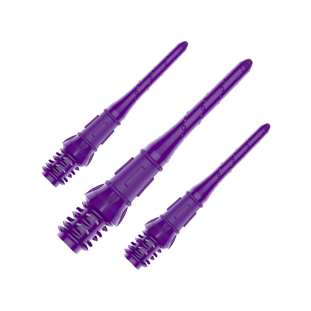 Premium Lippoints (30 Pack) - Tips Auf dem Bild sind drei lila Dartspitzen zu sehen. Sie sind aus Kunststoff und haben ein Schraubgewinde am Ende.