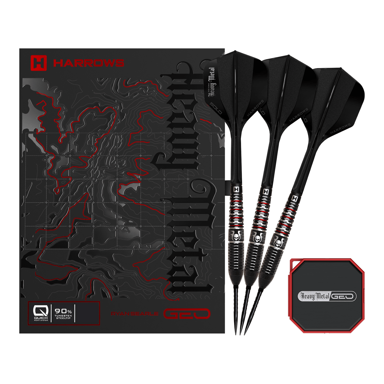 Harrows Ryan Searle Geo Quick Point Steeldarts Ein Dartpfeil mit markanter Oberfläche und klaren Grip-Elementen ist sichtbar. Die Spitze ist besonders hervorgehoben.