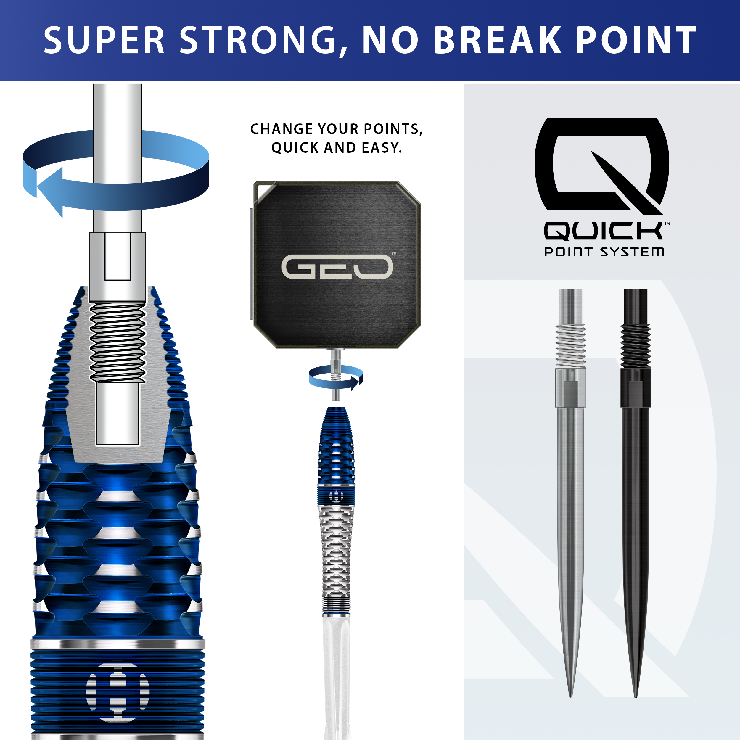 Harrows GEO Bomb Quick Point Steel Darts Harrows GEO Bomb Quick Point Steeldarts sind auf dem Foto zu sehen. Das Bild präsentiert die Form und Ausführung der Steeldarts.