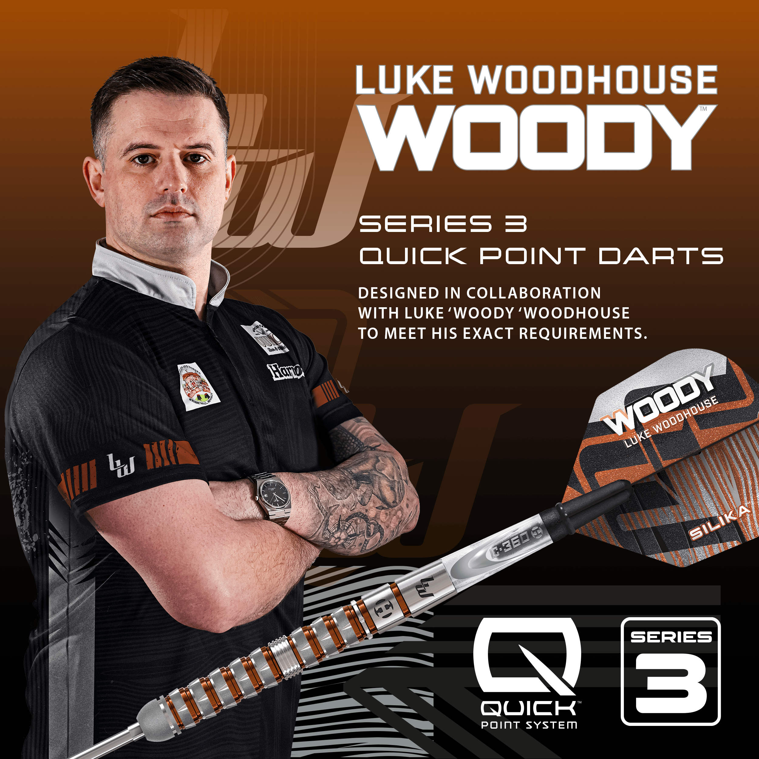 Harrow's Luke Woodhouse Series 3 Quick Point Steel Darts Auf dem Bild befindet sich Harrows Luke Woodhouse Series 3 Quick Point Steeldarts. Es handelt sich um eine hochwertige Steeldart-Serie.