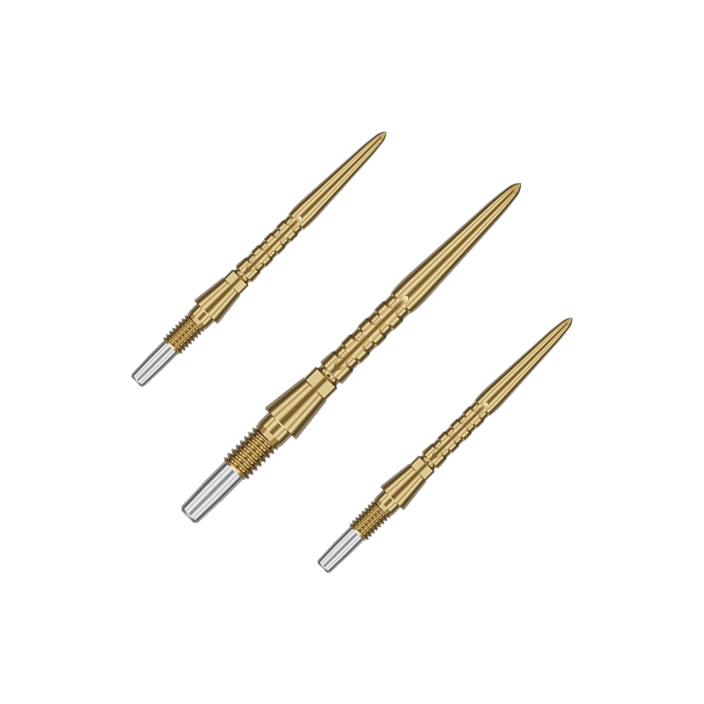 Target Swiss Point Storm Surge steel dart tips - gold Auf dem Bild sind drei goldene Steeldartspitzen zu sehen. Sie haben ein schlankes, geriffeltes Design mit einem silbernen Schraubgewinde am Ende.