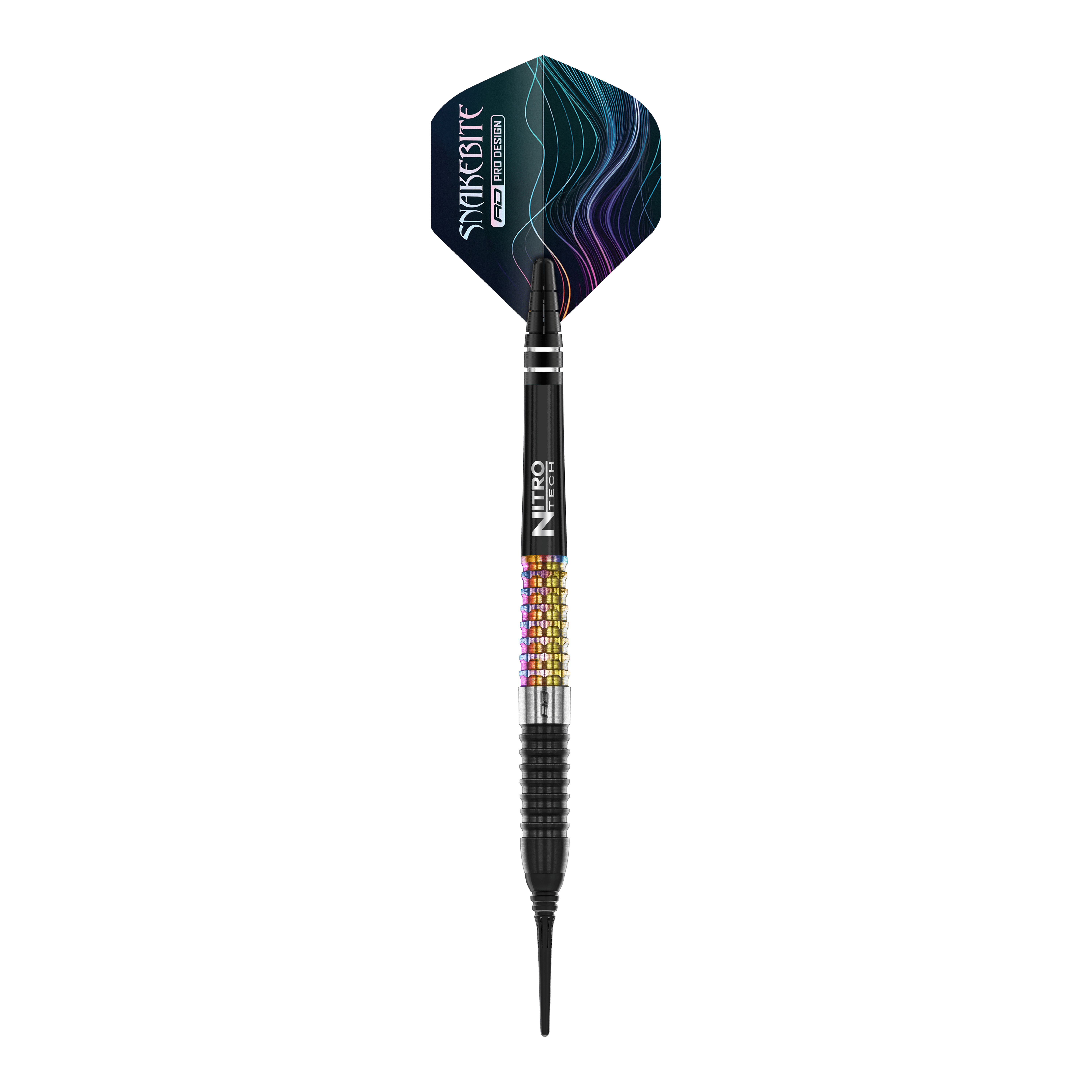 Das Bild zeigt einen Red Dragon Peter Wright Corra Softdart mit einem Gewicht von 18 Gramm. Der Dart hat bunte Griffbereiche und einen schwarz-blauen Flight mit dem Aufdruck "Snakesbite".
