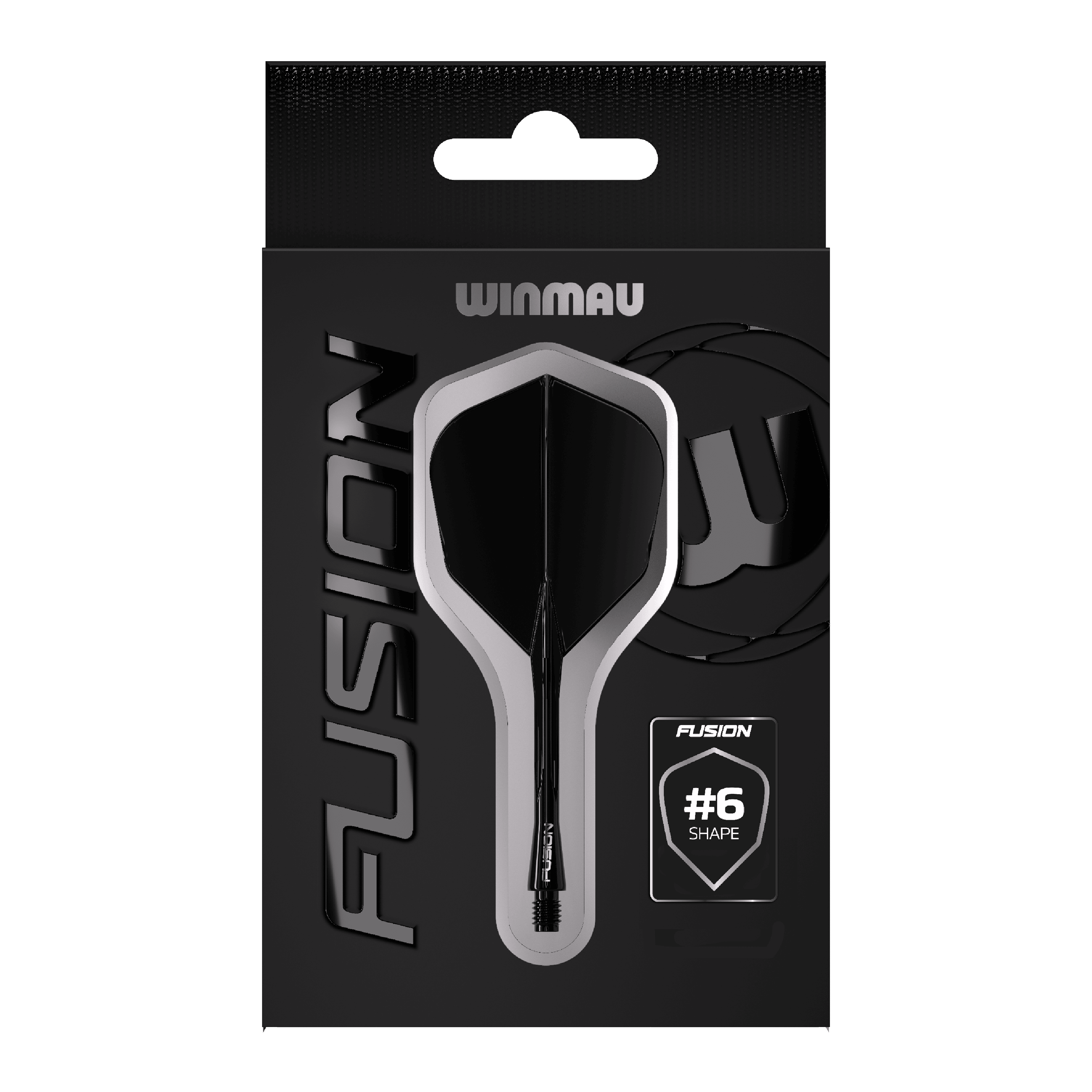 Winmau Fusion Flight Shaft System No6 Black Das Bild zeigt eine Verpackung des Winmau Fusion Flight Shaft Systems in Schwarz. Auf der Verpackung steht, dass es sich um die Form Nummer 6 handelt.