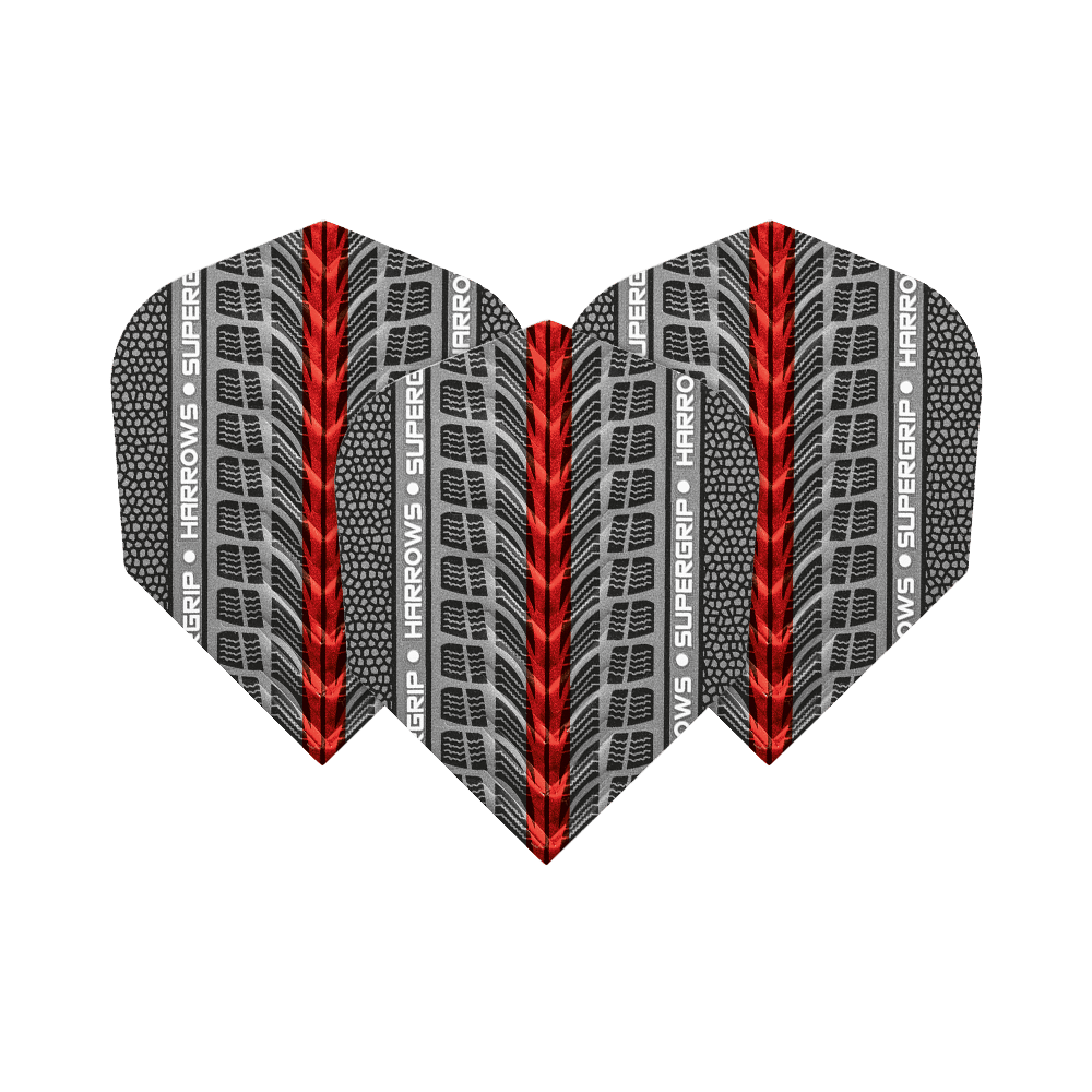HR77_Harrows_Supergrip_Rot_No6_Flights_1rpgZlp8pPxJVZ Das Bild zeigt die Harrows Supergrip Rot No6 Flights für Darts. Die Flights haben ein graues und rotes Design mit dem Schriftzug "HARROWS SUPERGRIP" an der Seite.