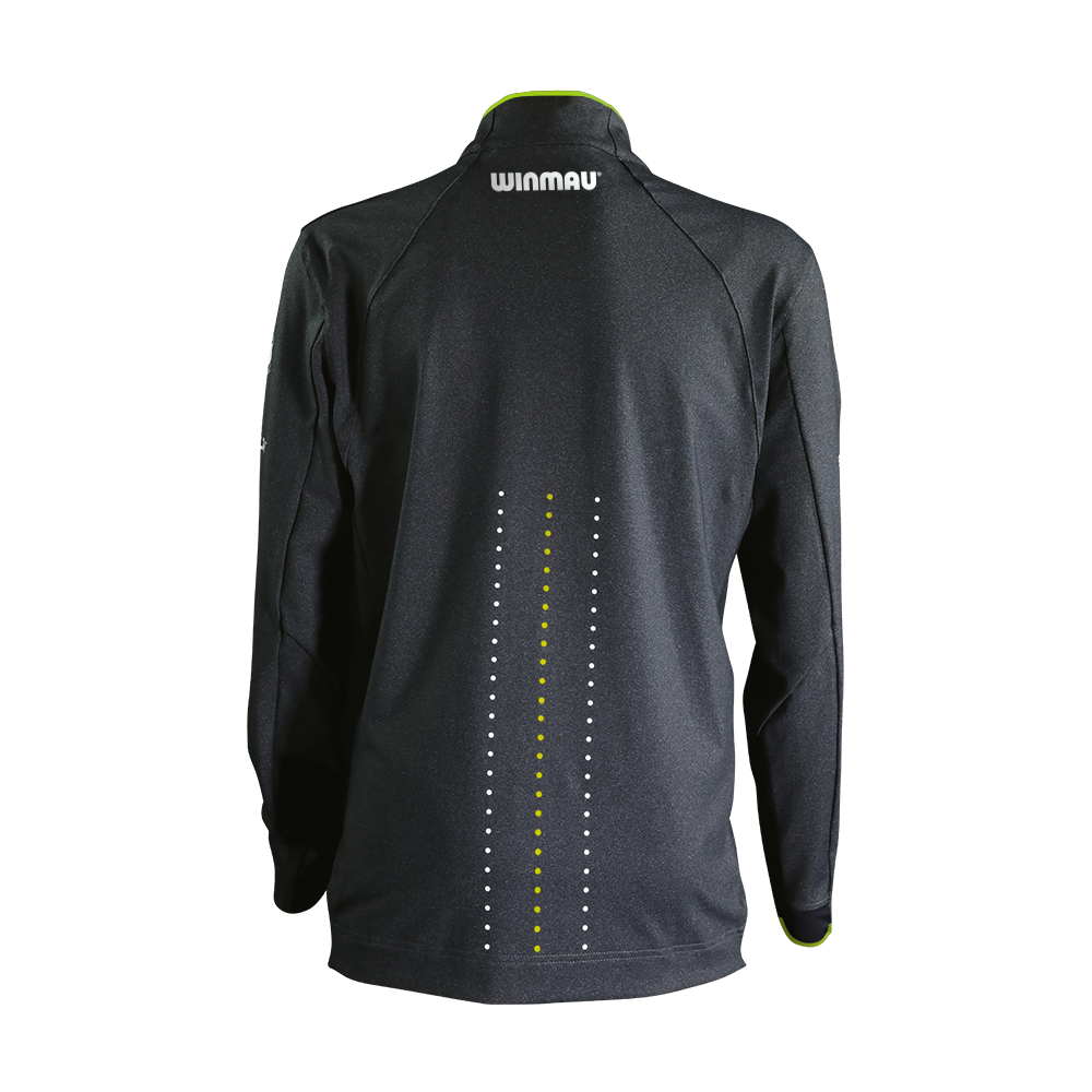 Das Bild zeigt das Winmau Michael Van Gerwen Alpine Dart Top Longsleeve von hinten. Das Oberteil ist schwarz mit weißen und grünen Punktlinien sowie dem "Winmau"-Logo am oberen Rücken.
