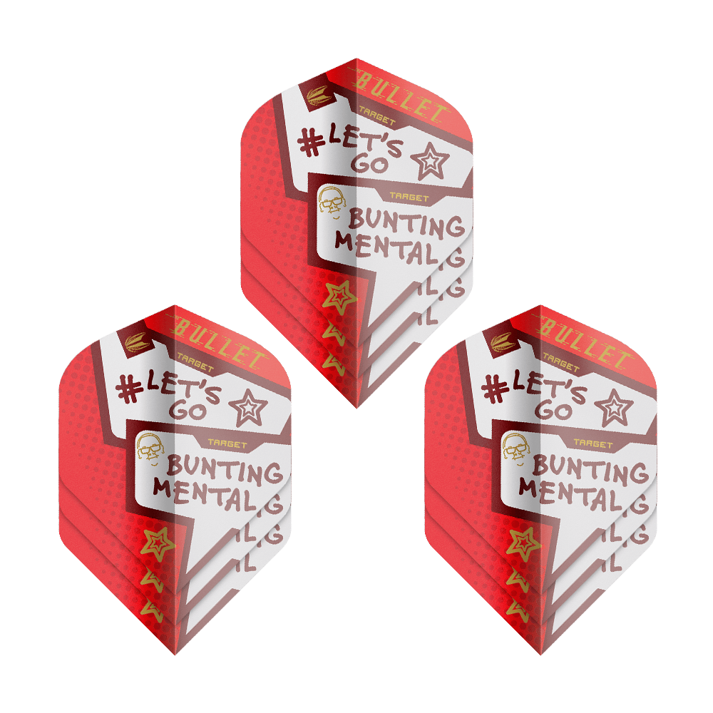 Das Bild zeigt drei Sets der Target Pro Ultra Stephen Bunting Mental No2 Standard Flights. Die Flights sind überwiegend rot und weiß gestaltet und tragen die Aufschrift "#LET'S GO BUNTING MENTAL".