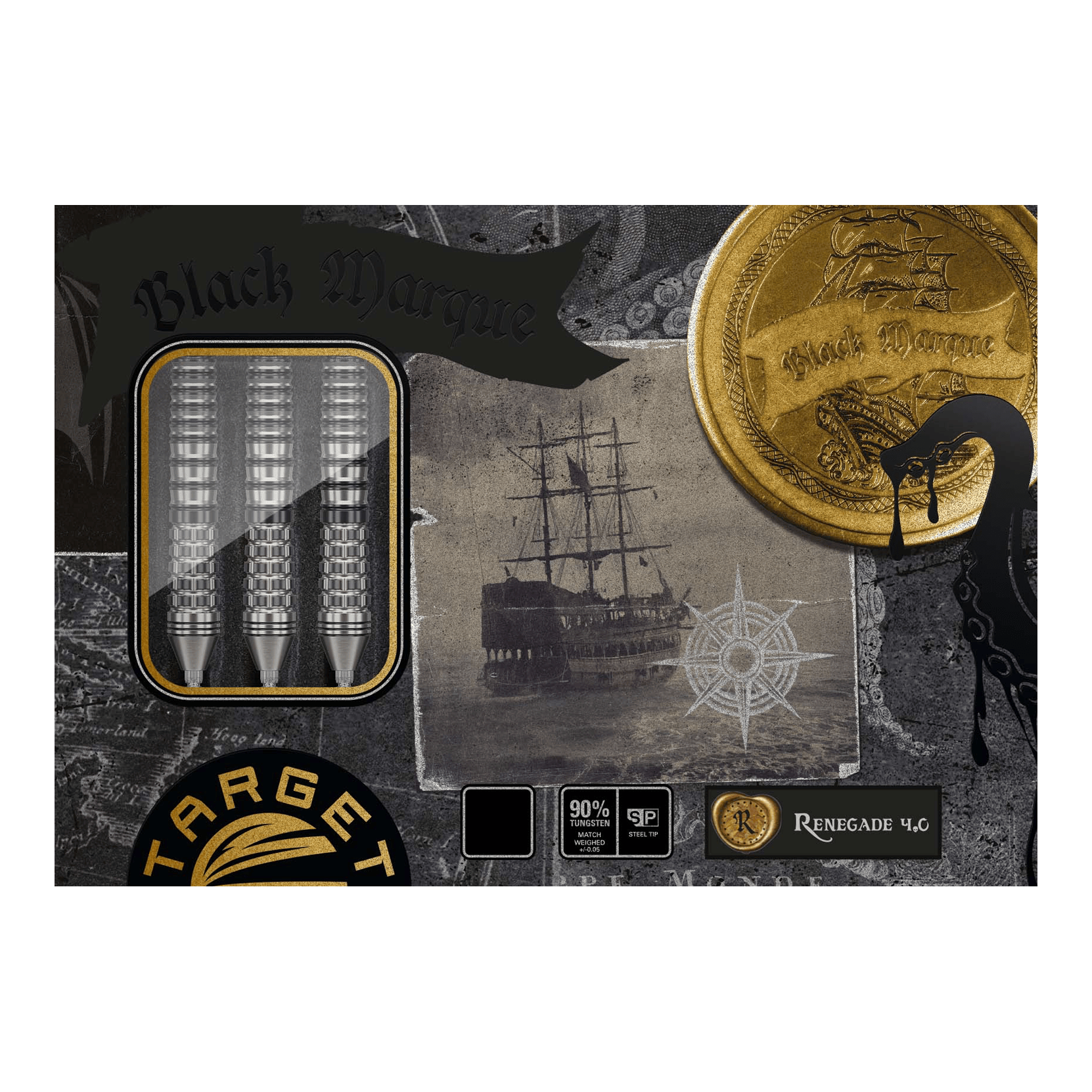 Auf dem Bild sind die "Target Black Marque Renegade 4 Swiss Point Steeldarts" zu sehen. Die Verpackung zeigt drei Darts, ein Schiff und eine goldene Münze mit dem Schriftzug "Black Marque".