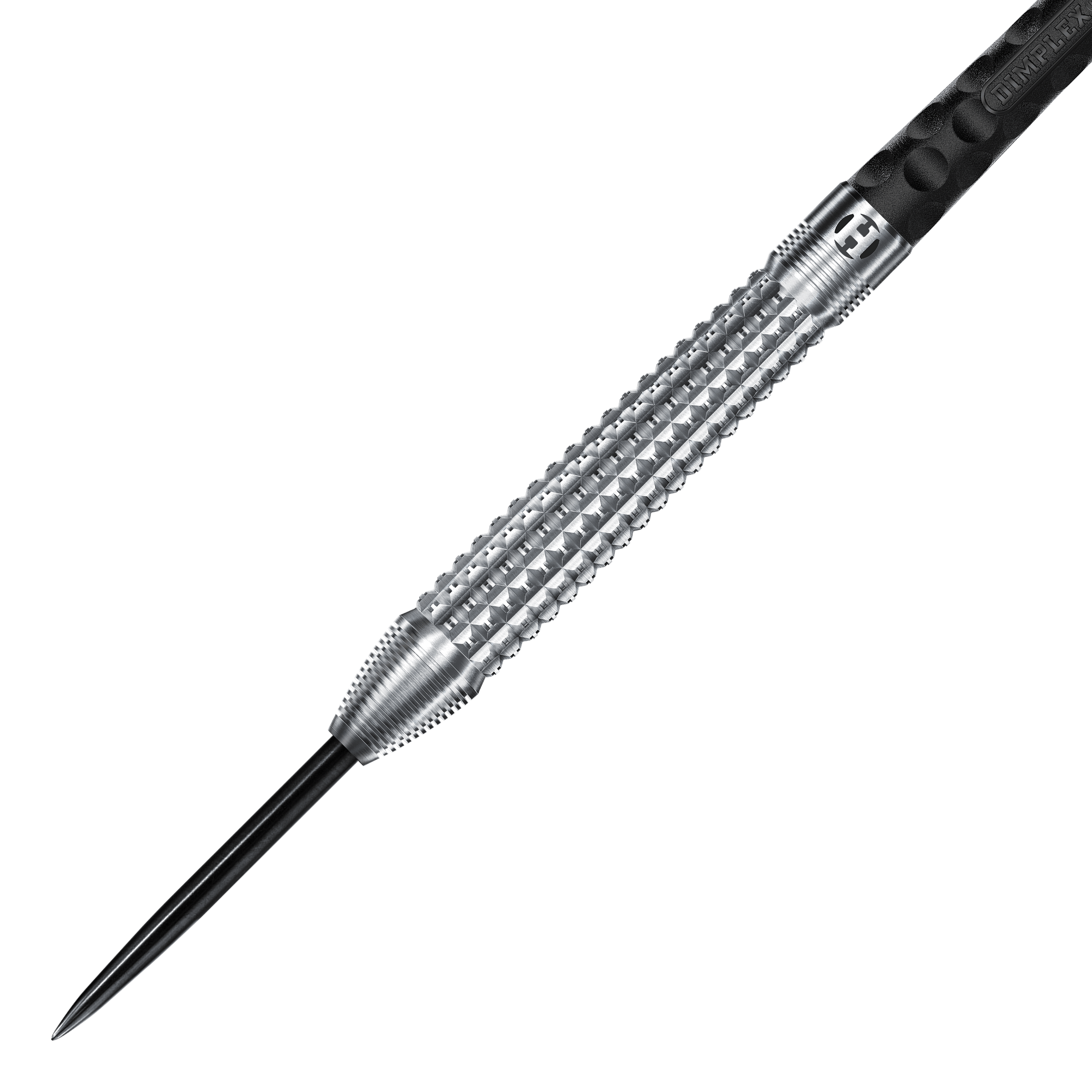Harrows Dimplex S3 Tapered Steel Darts Auf dem Bild ist ein Harrows Dimplex S3 Tapered Steeldart zu sehen. Der Dartpfeil hat eine silberne, strukturierte Griffzone und eine scharfe Stahlspitze.