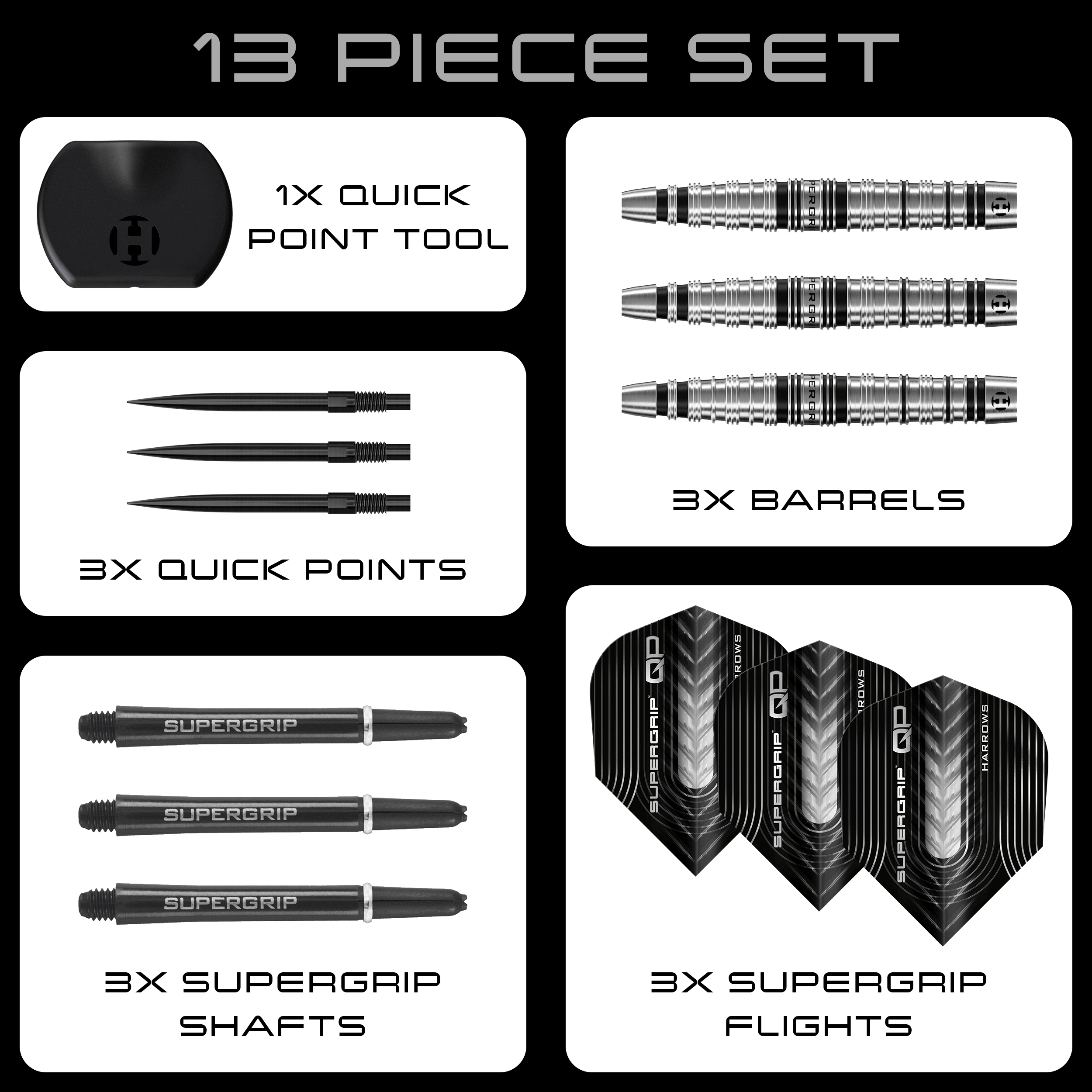 Harrows Supergrip Torpedo Quick Point Steeldarts sind auf dem Bild zu sehen. Eine Detailansicht hebt den Produktbereich hervor.