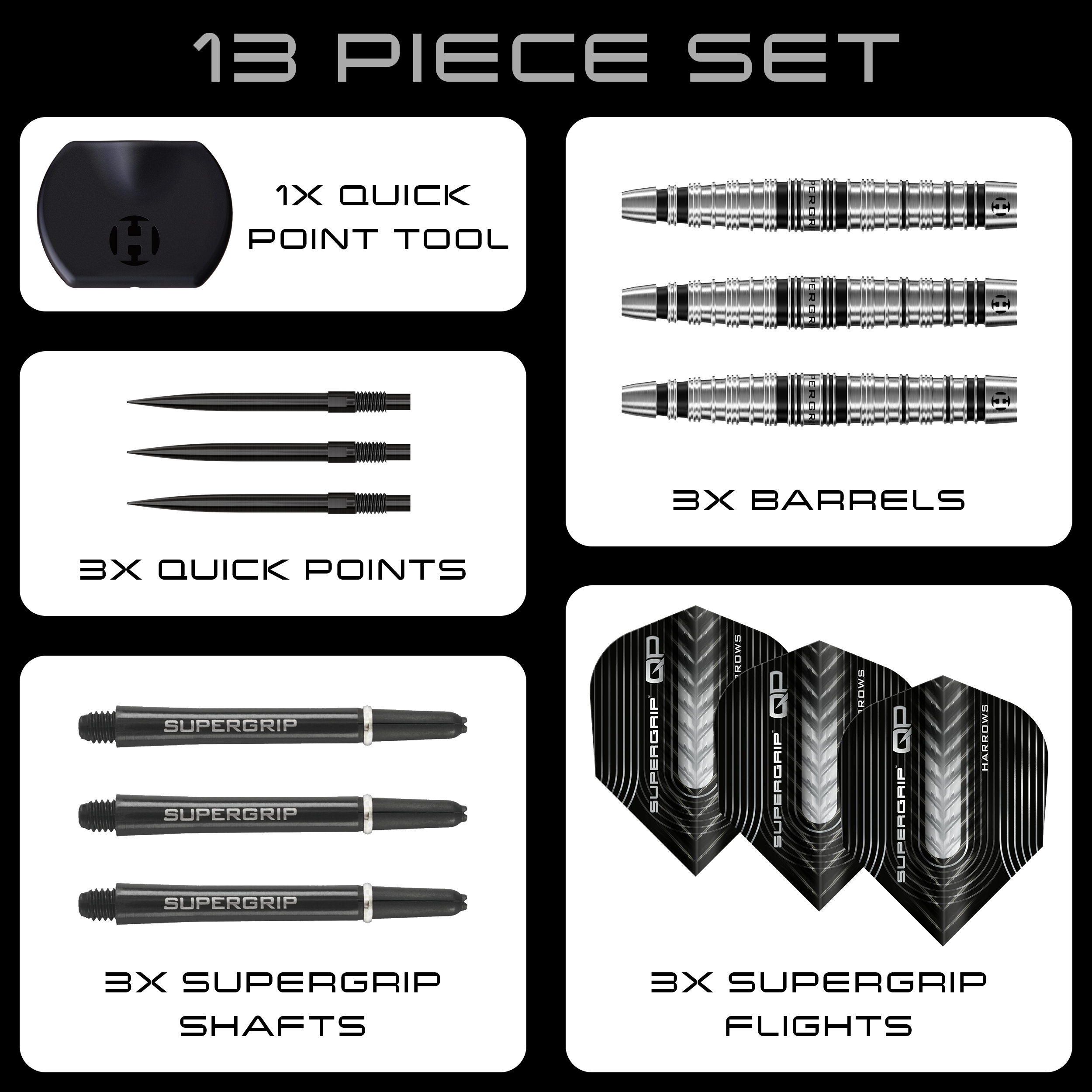 Harrows Supergrip Torpedo Quick Point Steel Darts Harrows Supergrip Torpedo Quick Point Steeldarts sind auf dem Bild zu sehen. Eine Detailansicht hebt den Produktbereich hervor.