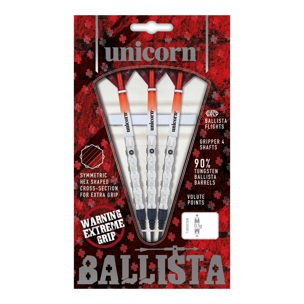 Unicorn Ballista Style 1 soft darts Das Bild zeigt die Verpackung der "Unicorn Ballista Style 1 Softdarts". In der Packung befinden sich drei Softdarts mit weiß-roten Flights und silbernen Griffen.