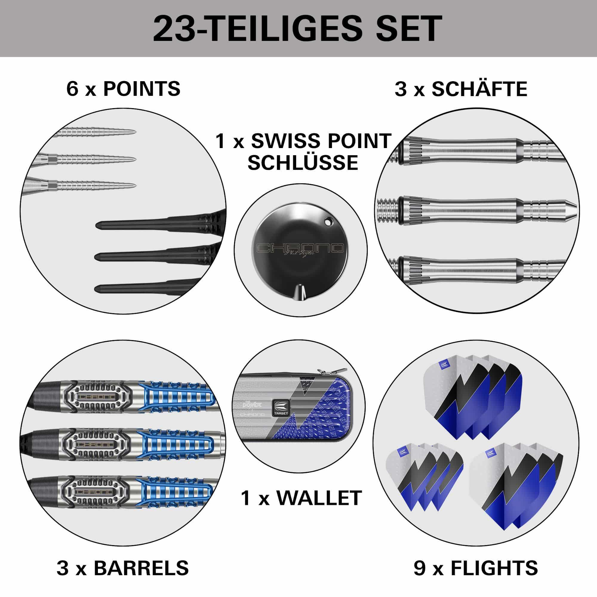 Das Produkt Target Phil Taylor Power X Chrono Softdarts ist dargestellt. Es handelt sich um Softdarts mit auffälligem Aussehen.