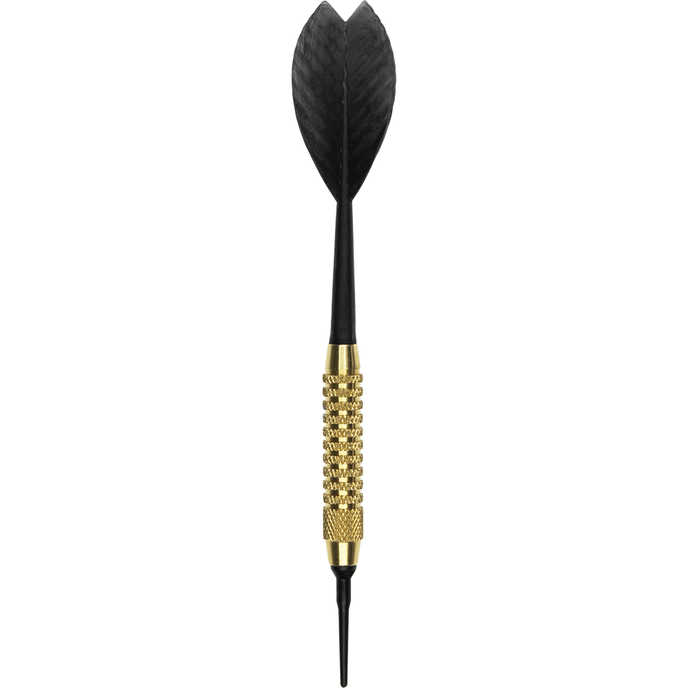 621_Automatenpfeile_Set_1rmTjK7iRdwhD4 Das Bild zeigt einen einzelnen Dartpfeil aus dem Automatenpfeile Set. Der Pfeil hat ein goldenes Griffstück und schwarze Flügel sowie eine schwarze Kunststoffspitze.