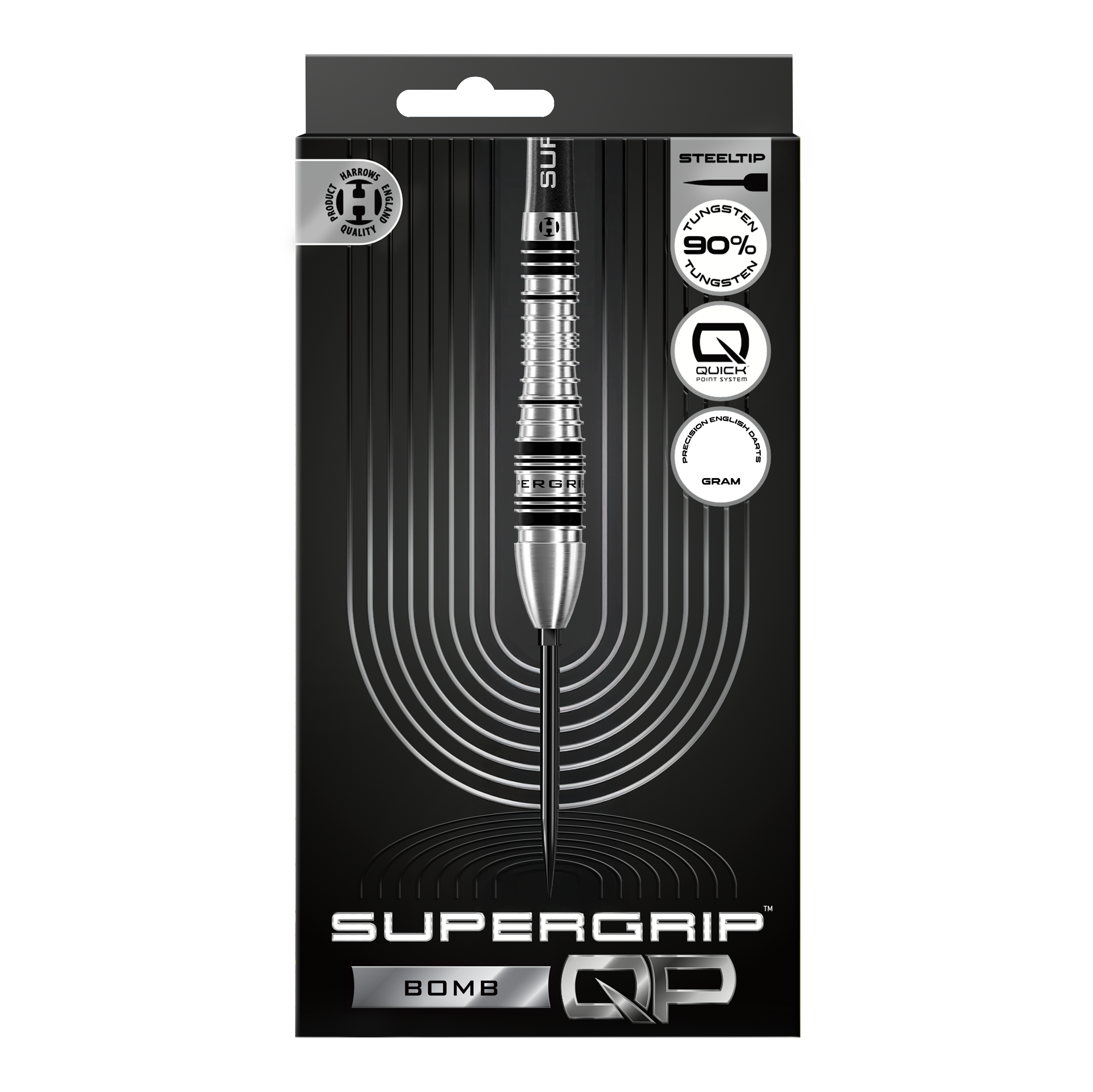 Harrows Supergrip Bomb Quick Point Steel Darts Gezeigt werden die Harrows Supergrip Bomb Quick Point Steeldarts. Das Produkt bietet hohe Kontrolle und Stabilität beim Wurf.