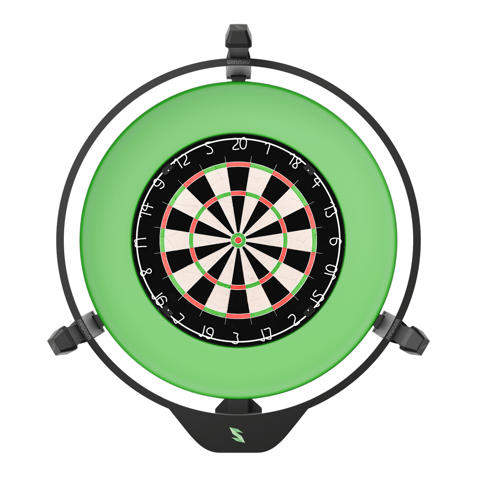 Das Bild zeigt ein elektronisches Punktesystem für Darts, das Scolia Home 2. Es besteht aus einem Dartboard mit einem leuchtenden grünen Ring rundherum.