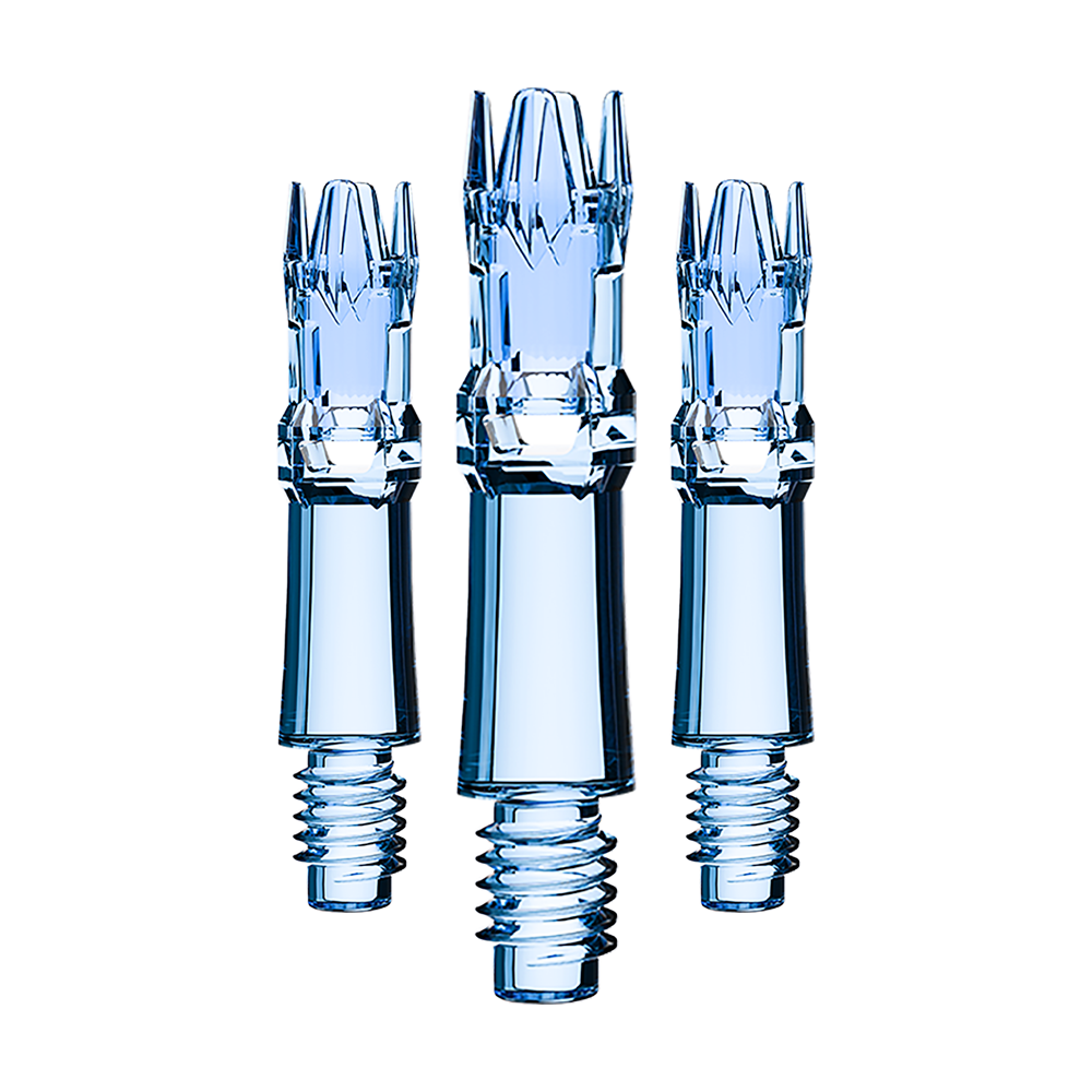 L-Style L-System Replacement Shafts - Clear Blue Ein Set an blauen transparenten Ersatzshafts ist zu sehen. Die Shafts sind sortiert dargestellt.